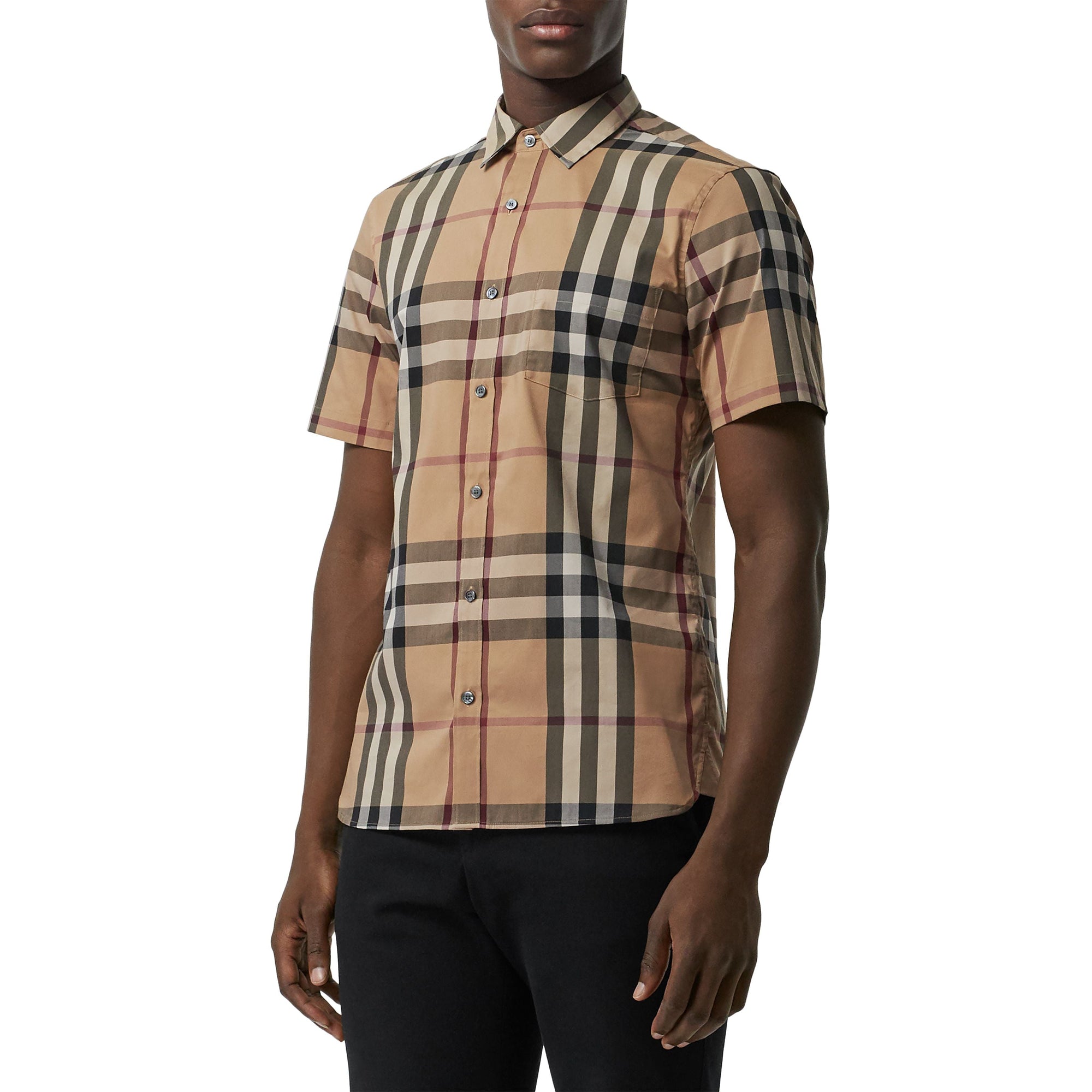 CAMEL Chemise en coton extensible à manches courtes avec motif check