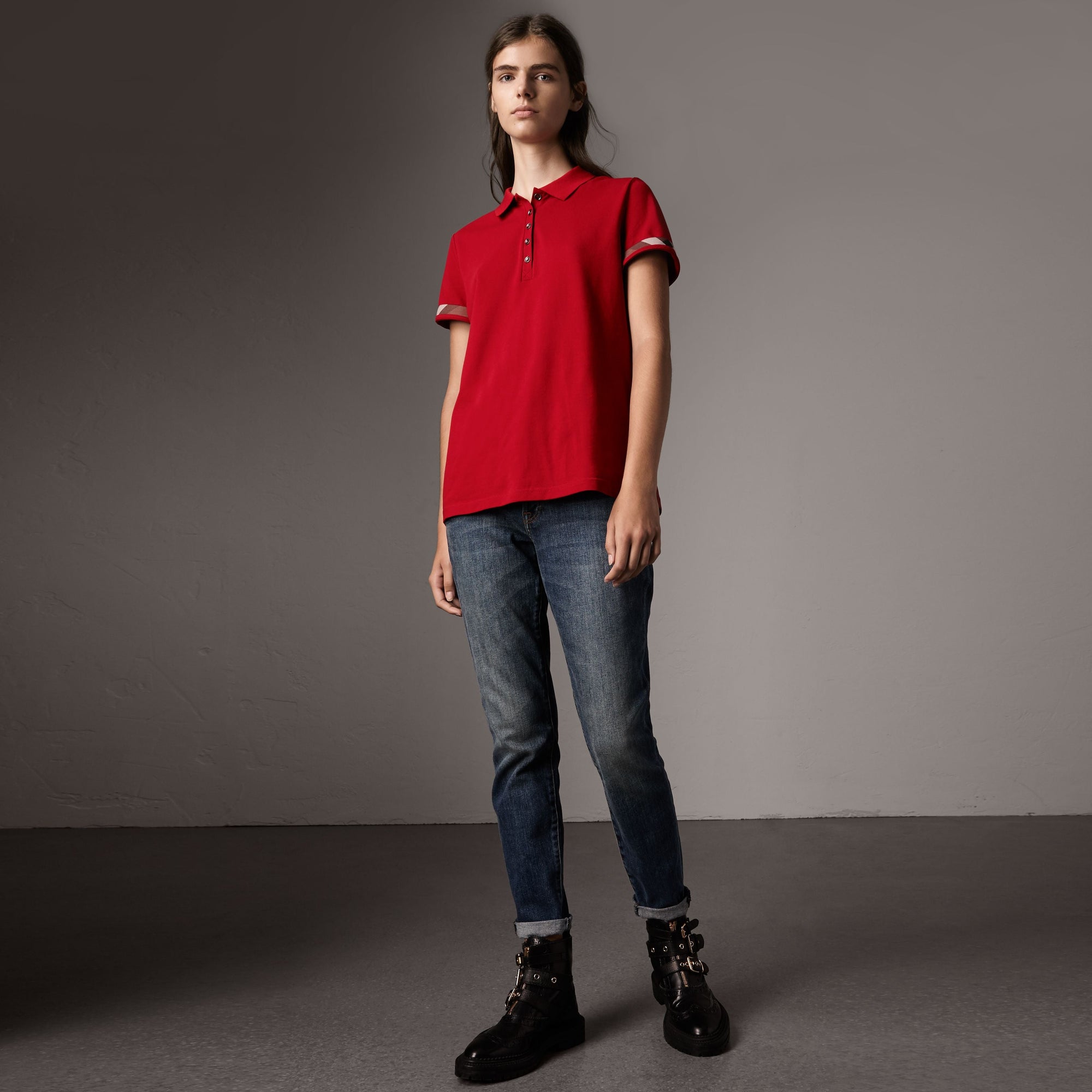 MILITARY RED Polo en piqué de coton extensible avec éléments check