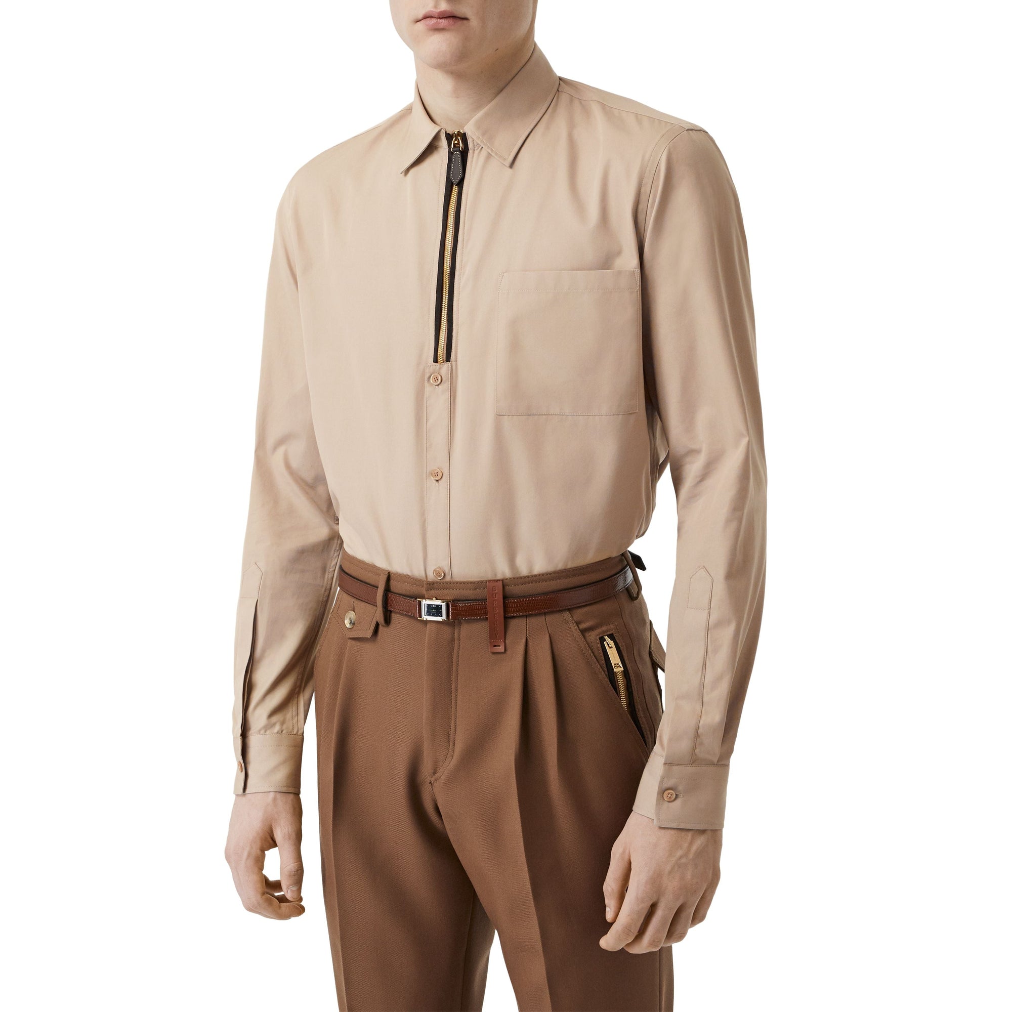 Chemise classique en sergé de coton avec zip - Fauve Doux