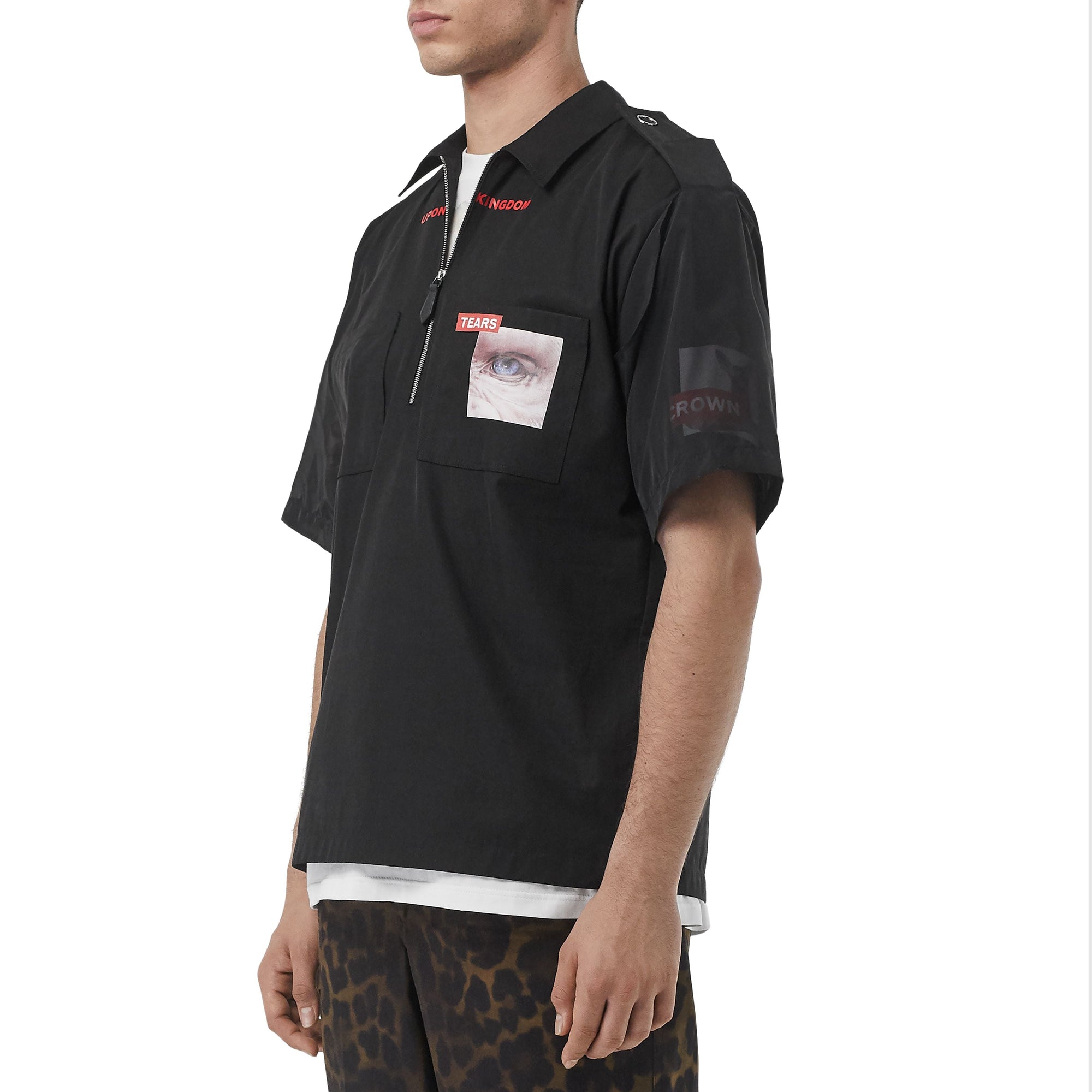Chemise à manches courtes en coton avec imprimé montage - Noir