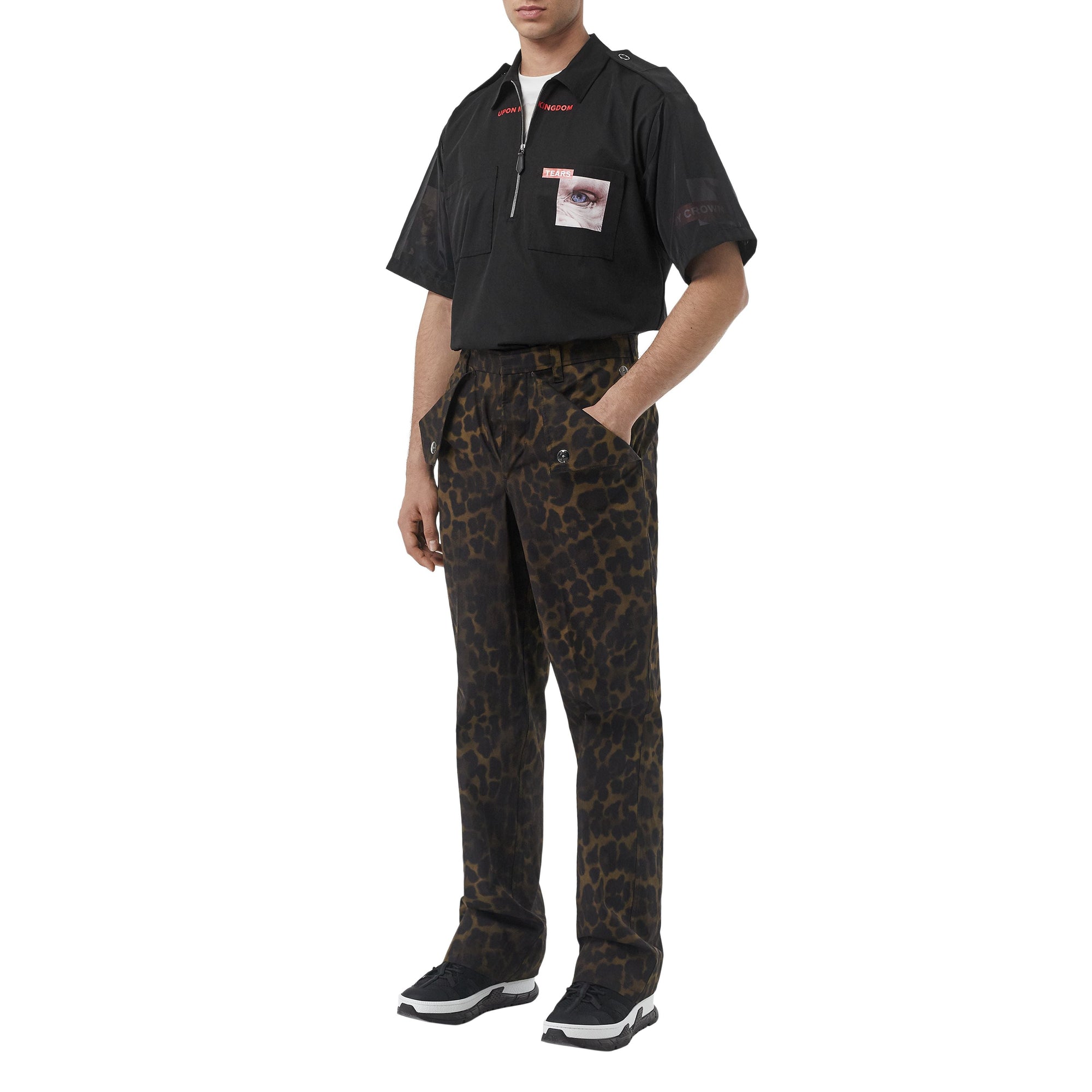 Chemise à manches courtes en coton avec imprimé montage - Noir