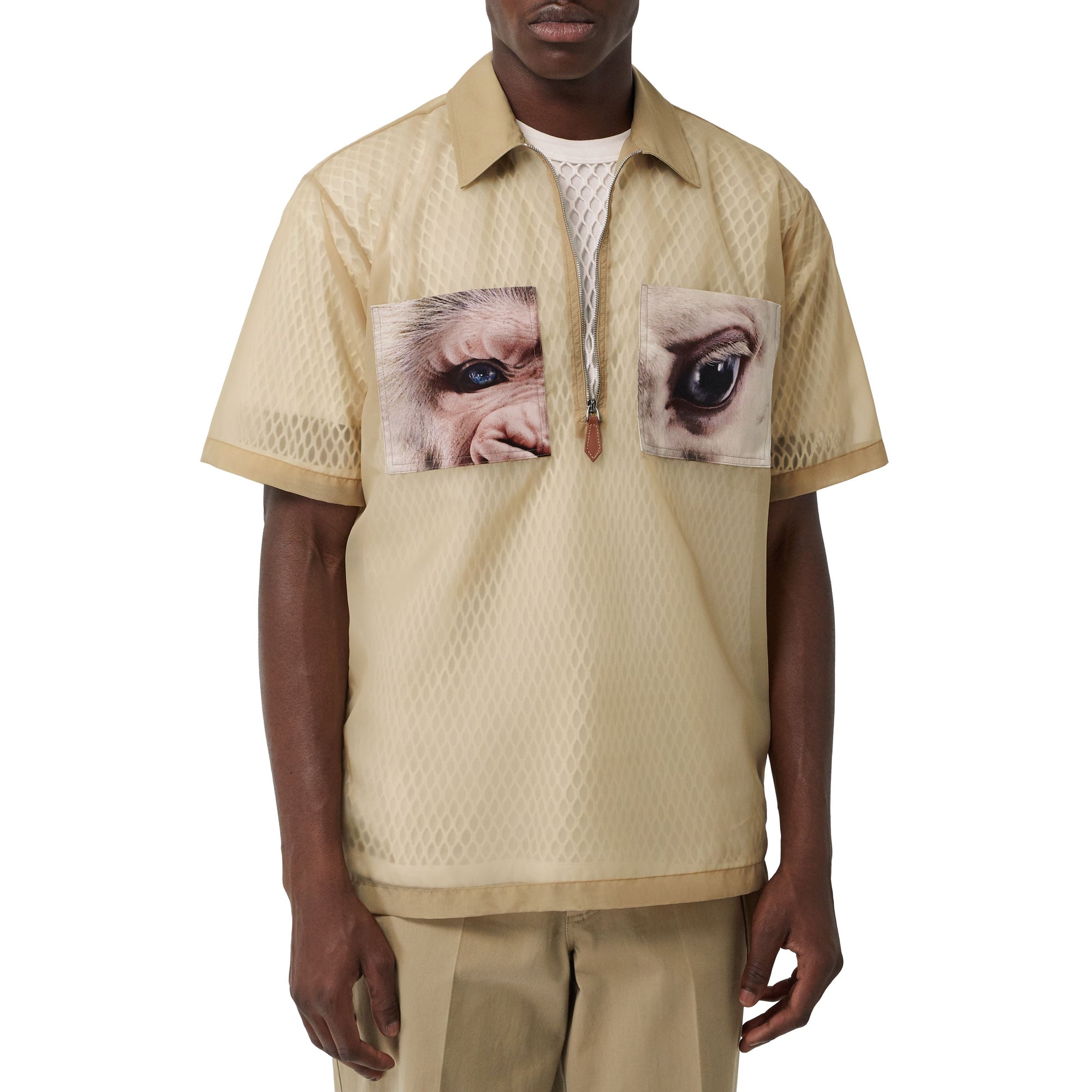 Chemise diaphane à manches courtes avec imprimé montage - Miel