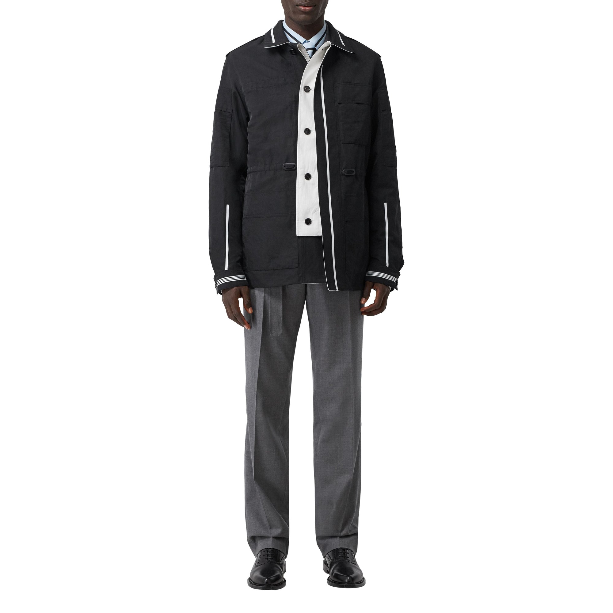 Veste utilitaire en lin technique rayée réversible - Noir