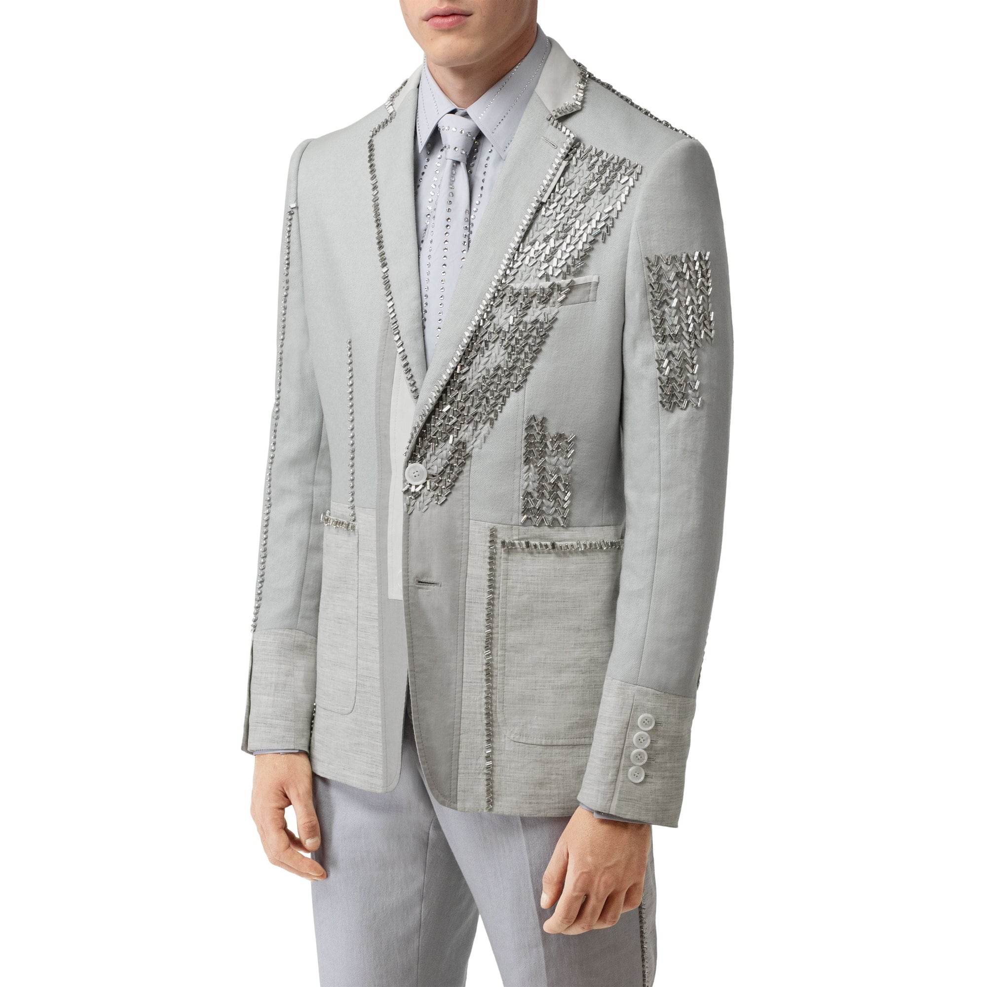 Veste en lin technique avec cristaux brodés - Gris galet clair