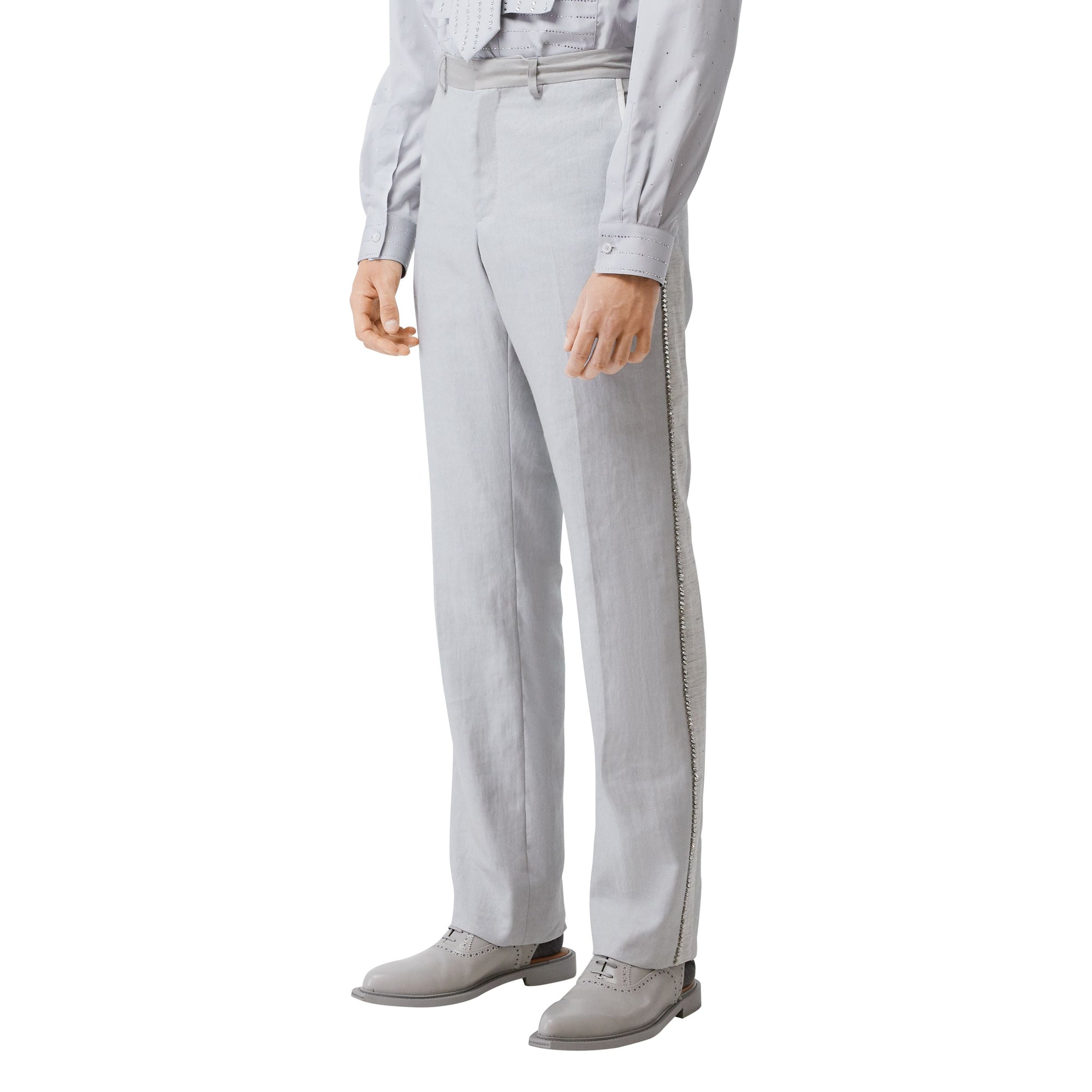 Pantalon en lin technique avec cristaux brodés - Gris galet clair