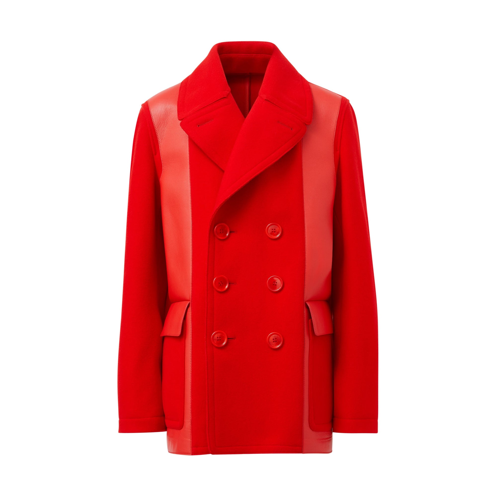 BRIGHT RED Caban en laine technique avec cuir d'agneau
