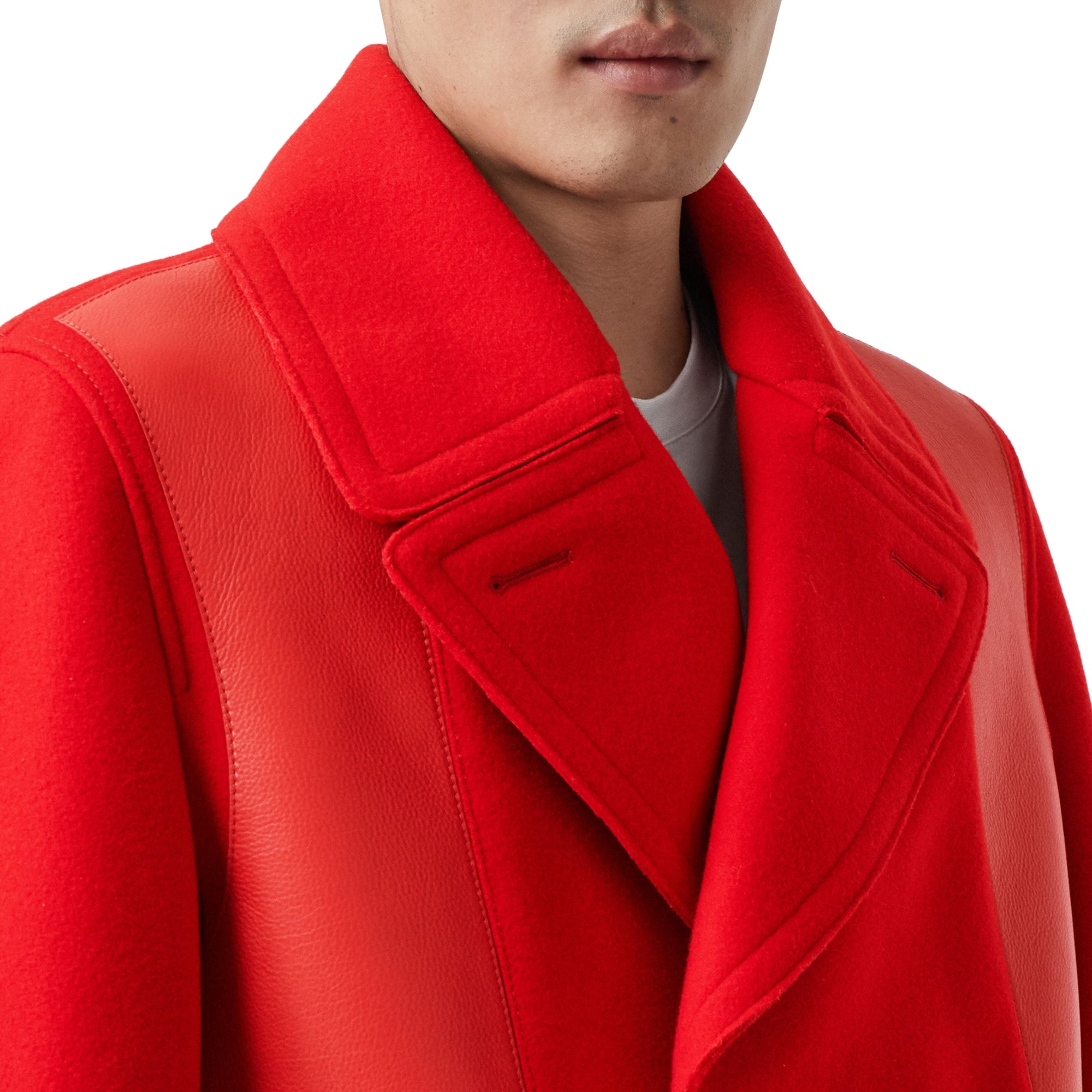 BRIGHT RED Caban en laine technique avec cuir d'agneau