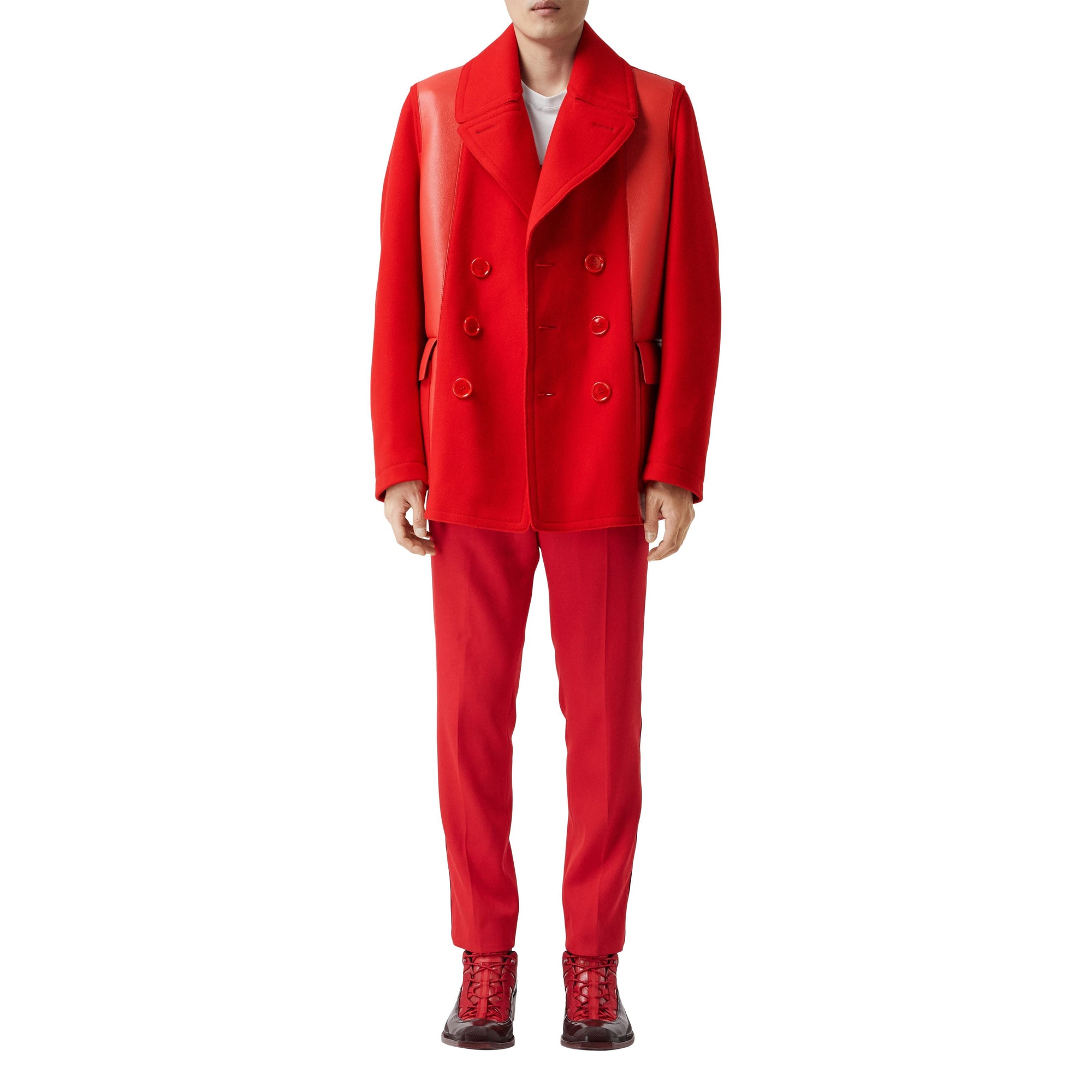 BRIGHT RED Caban en laine technique avec cuir d'agneau