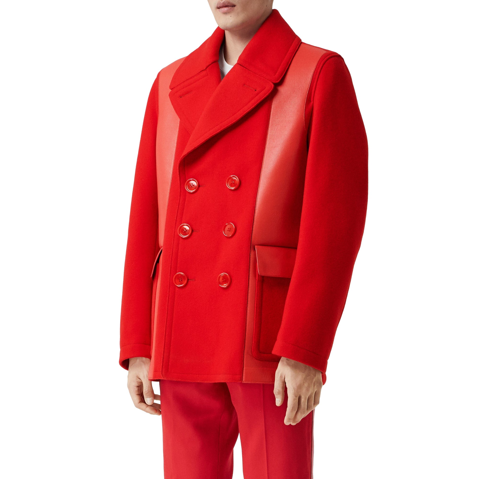 BRIGHT RED Caban en laine technique avec cuir d'agneau