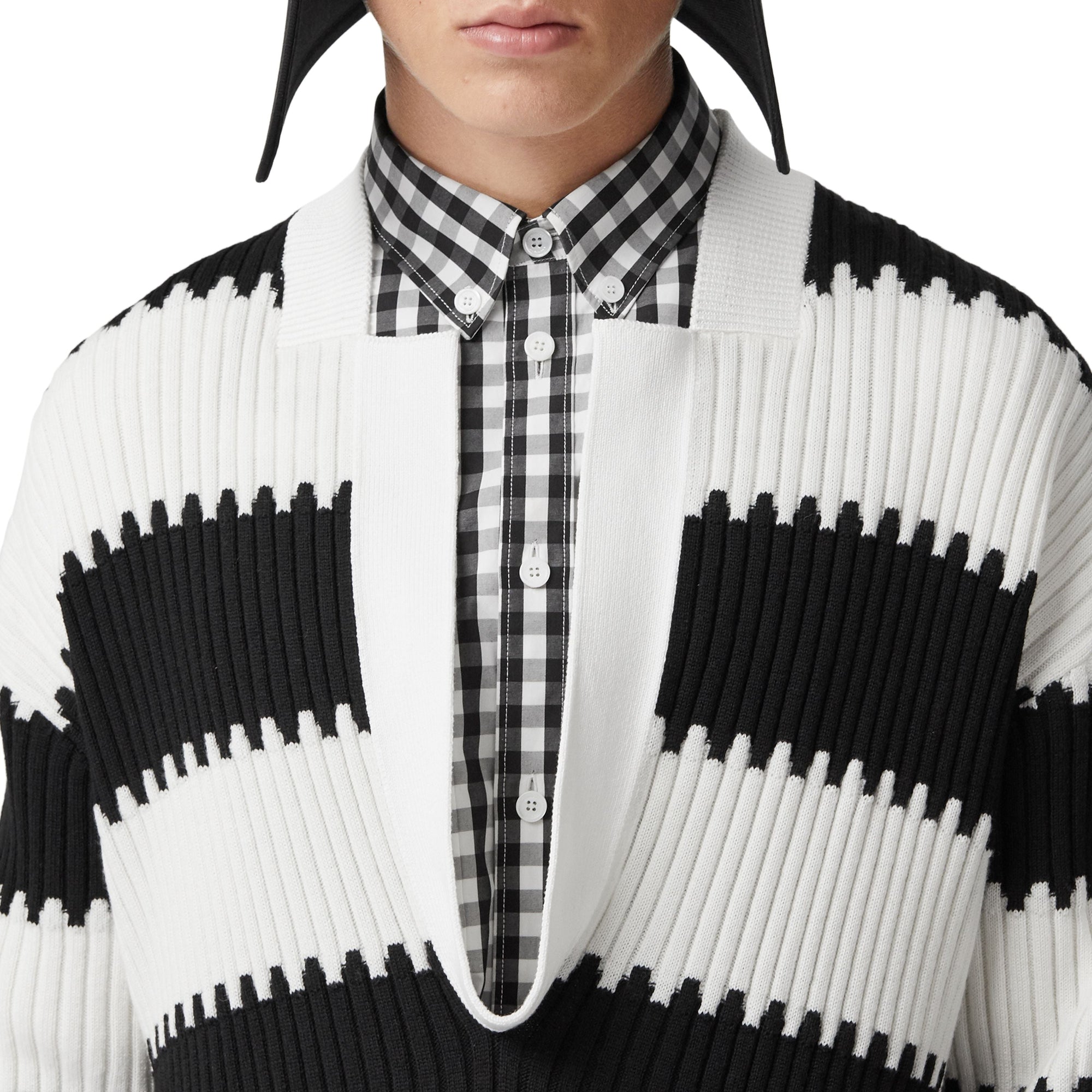 Pull en maille de laine côtelée rayé avec fente - Noir