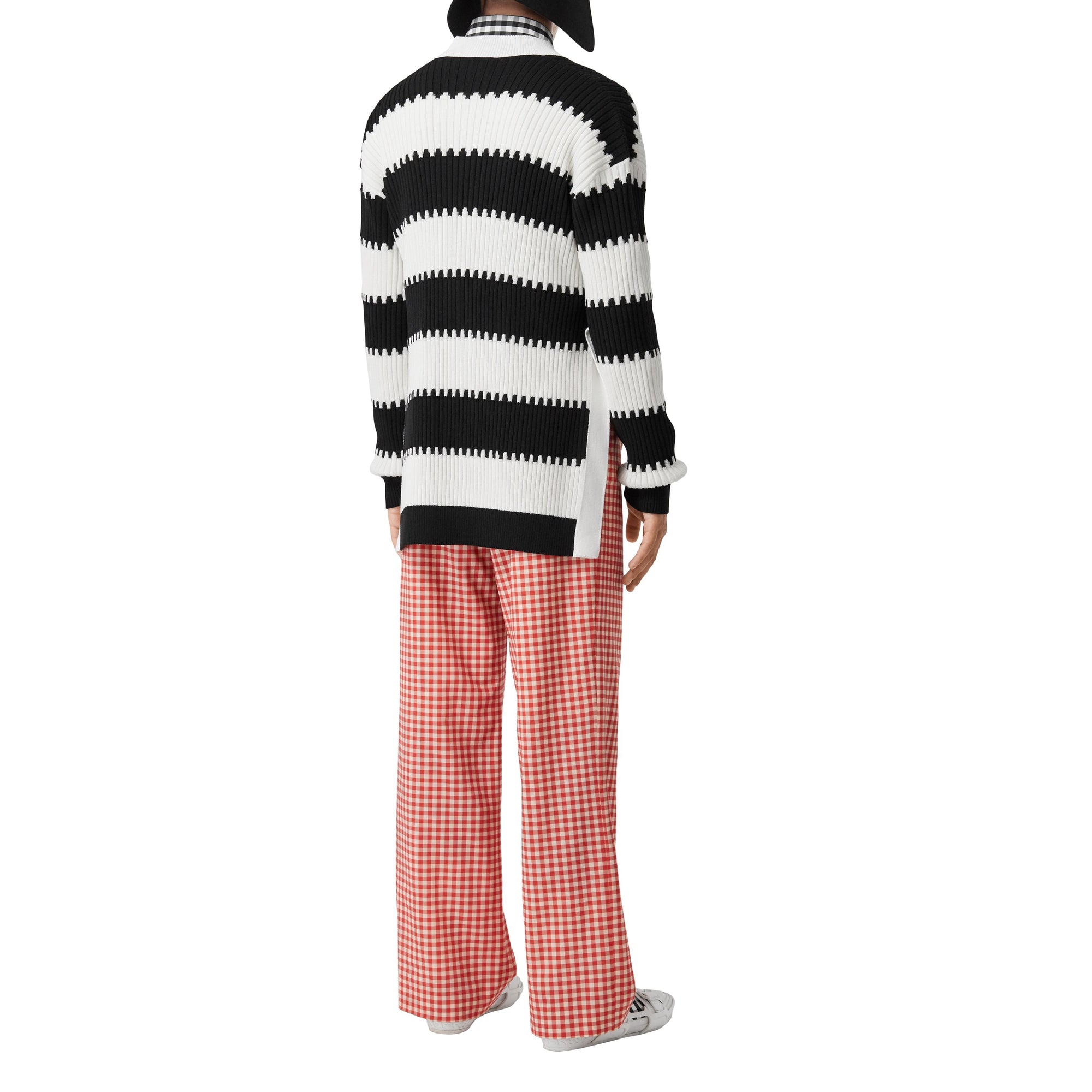 Pull en maille de laine côtelée rayé avec fente - Noir
