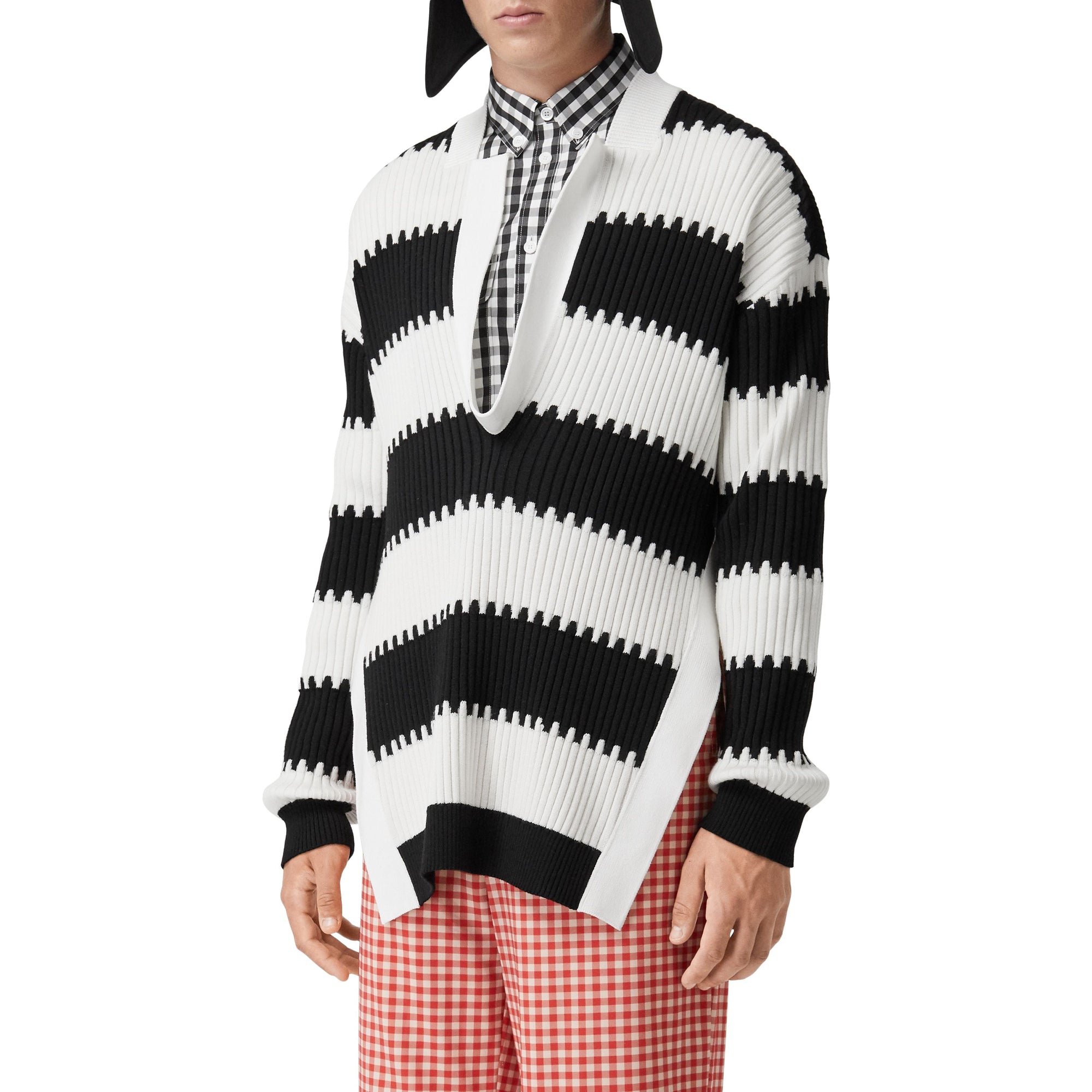 Pull en maille de laine côtelée rayé avec fente - Noir