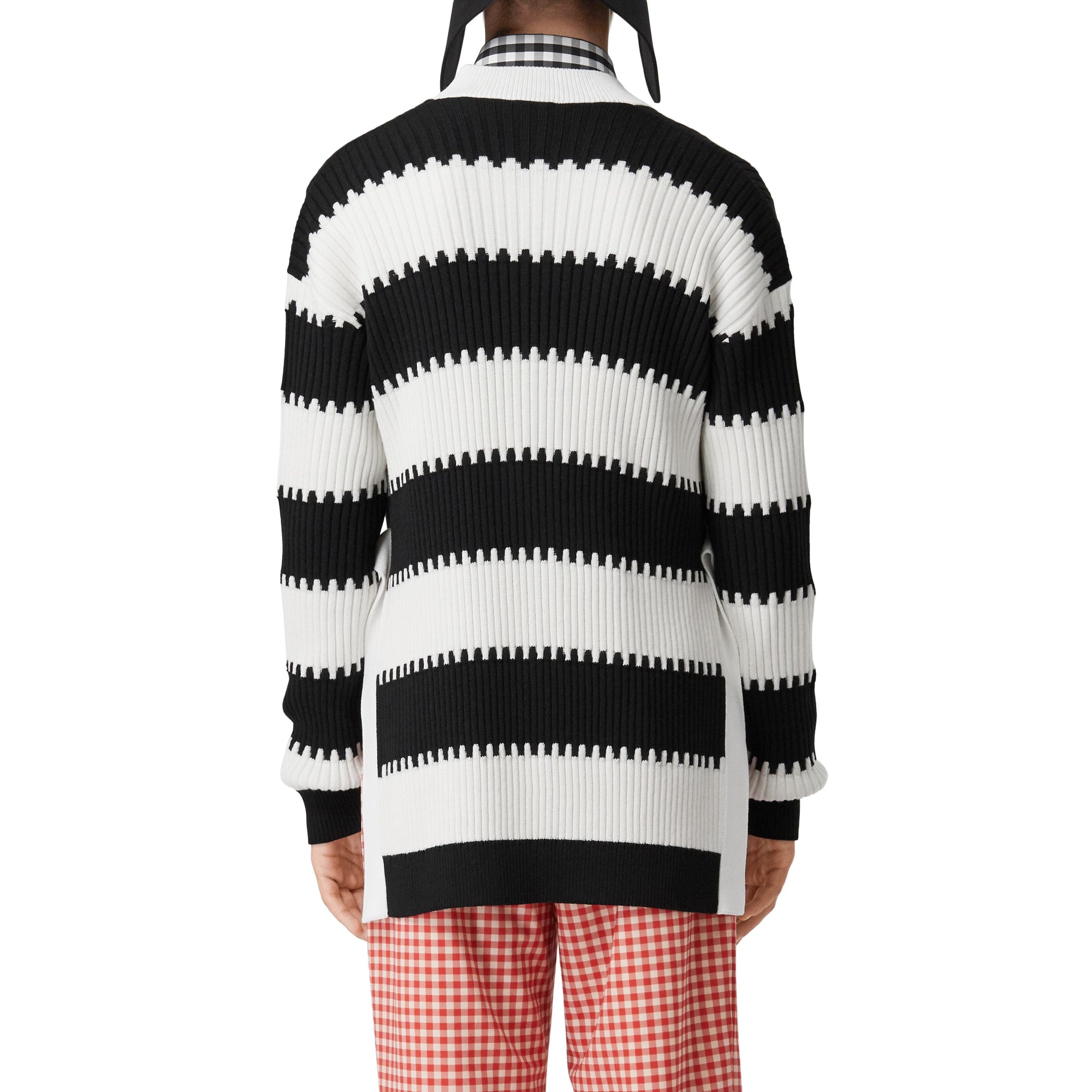 Pull en maille de laine côtelée rayé avec fente - Noir