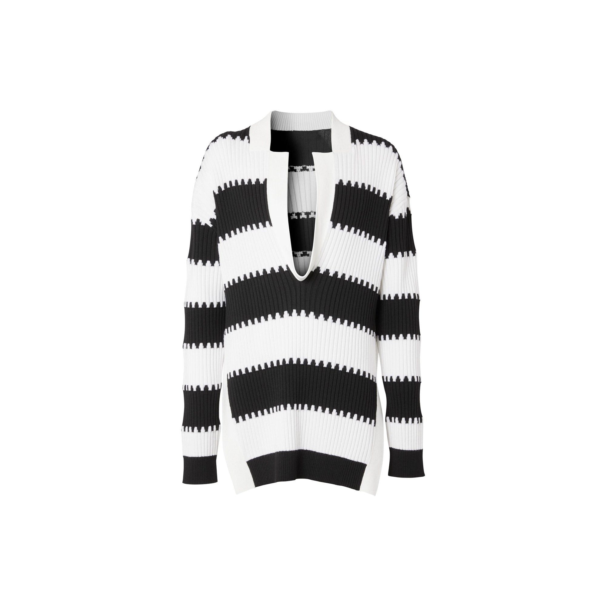 Pull en maille de laine côtelée rayé avec fente - Noir