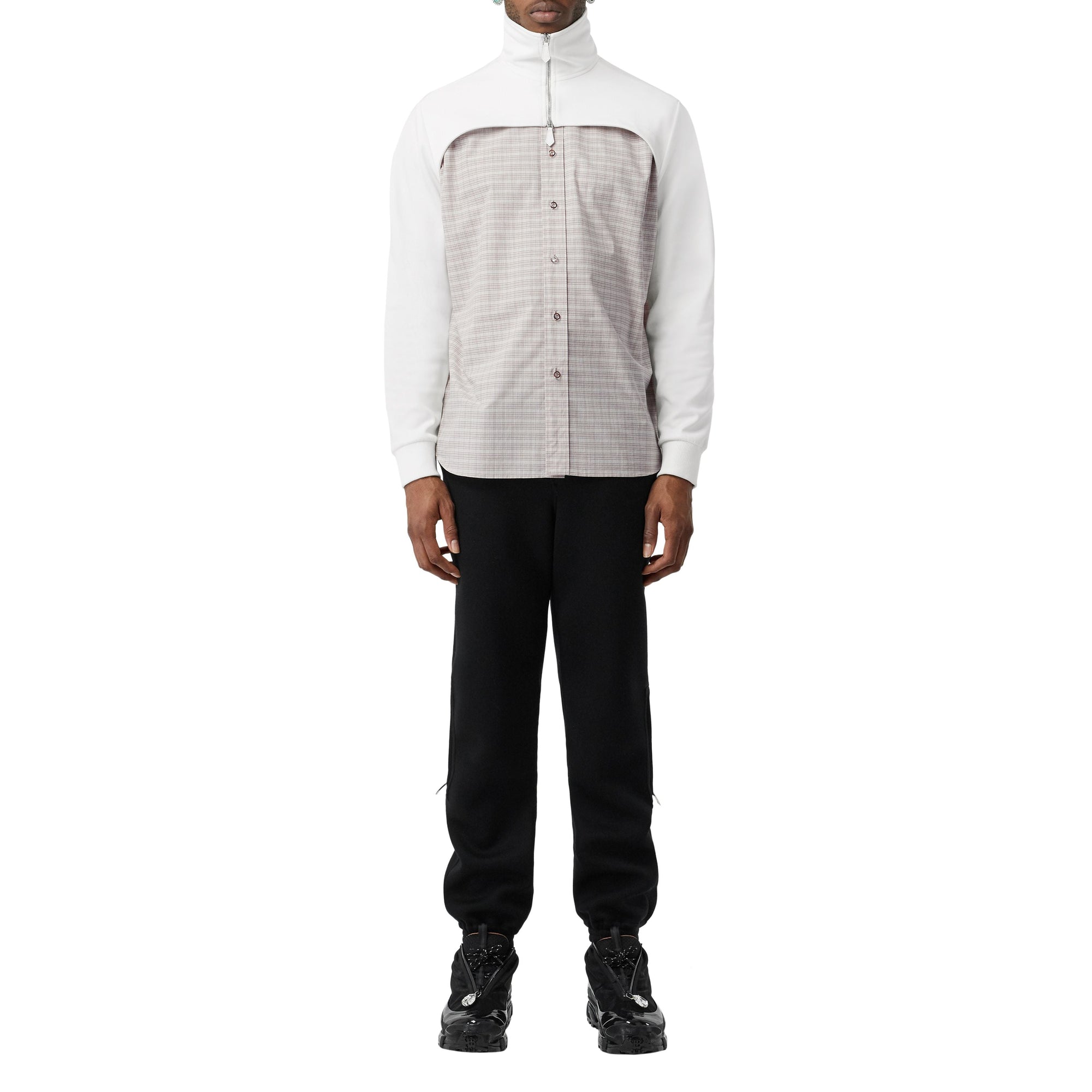 Chemise en coton avec empiècement haut de survêtement et micro-motif check - Beige & Blanc Naturel