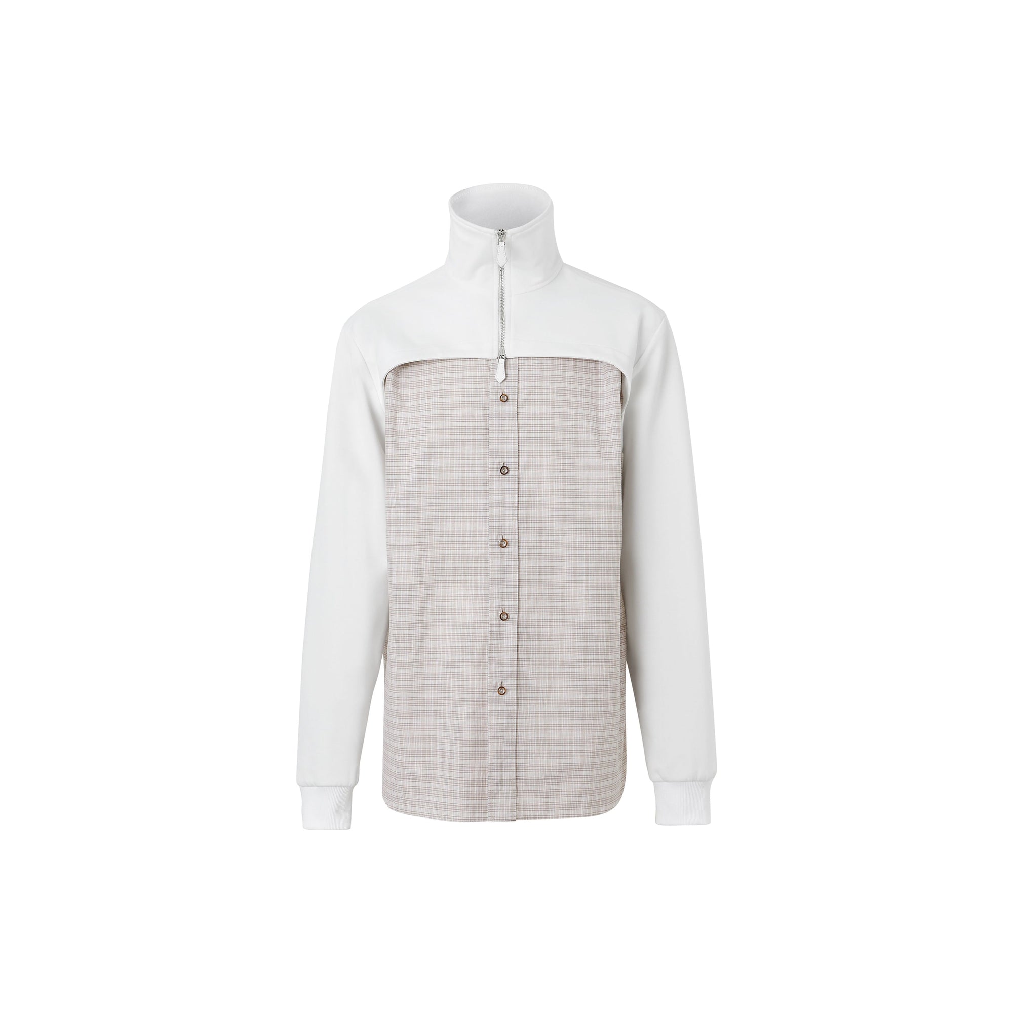 Chemise en coton avec empiècement haut de survêtement et micro-motif check - Beige & Blanc Naturel