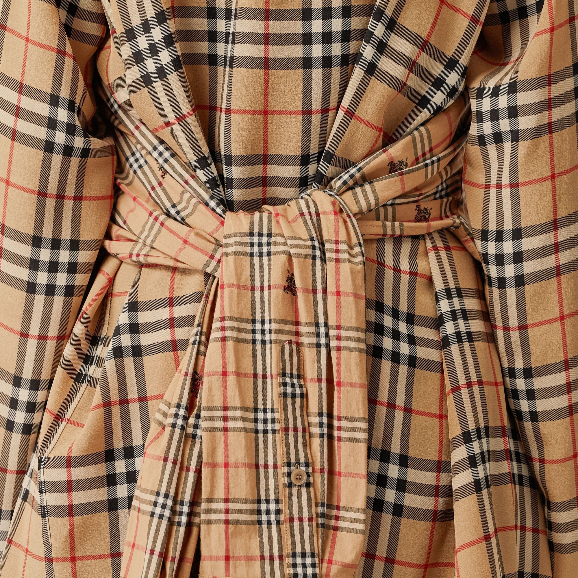 Robe chemise en soie et coton vintage check - Beige d'archive