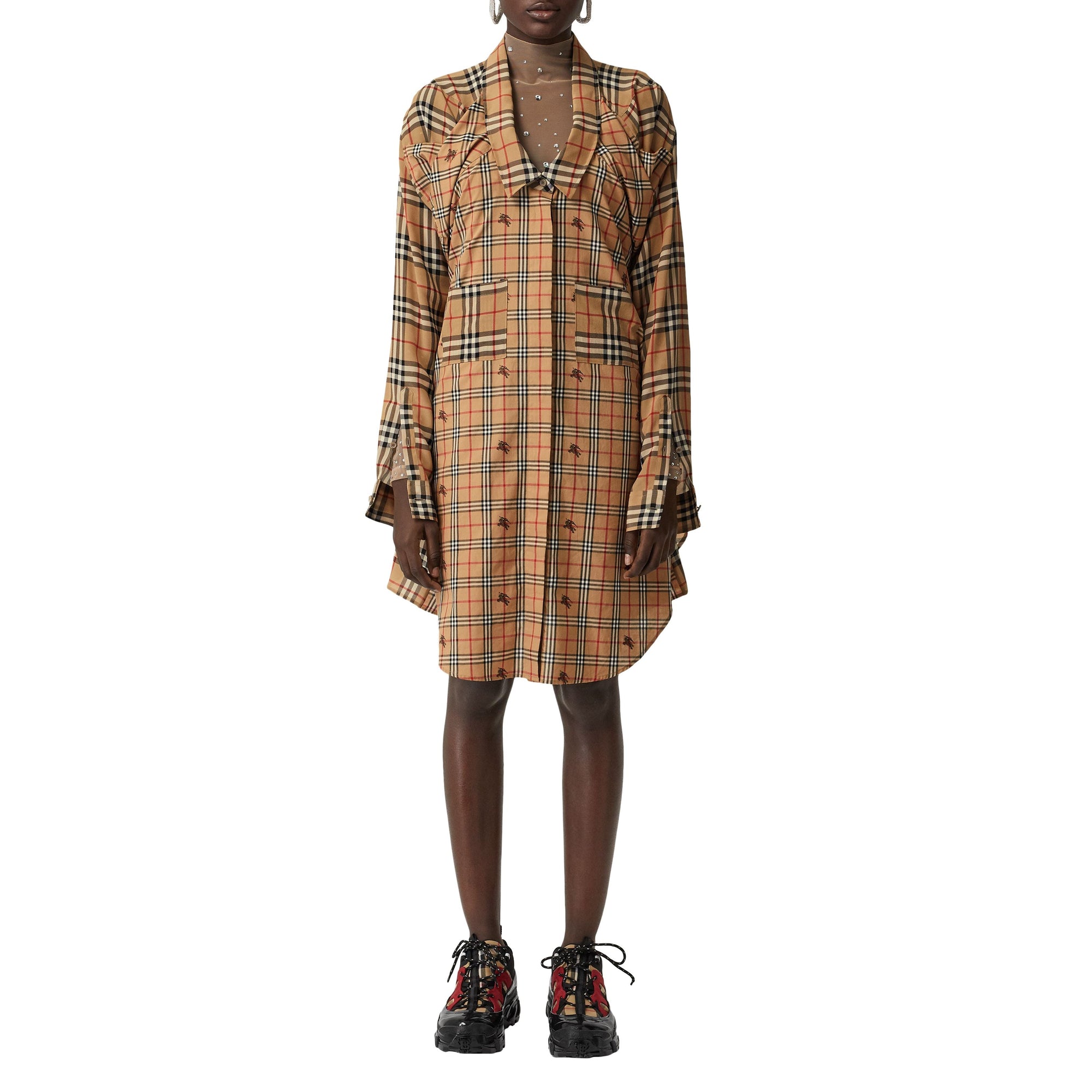 Robe chemise en soie et coton vintage check - Beige d'archive