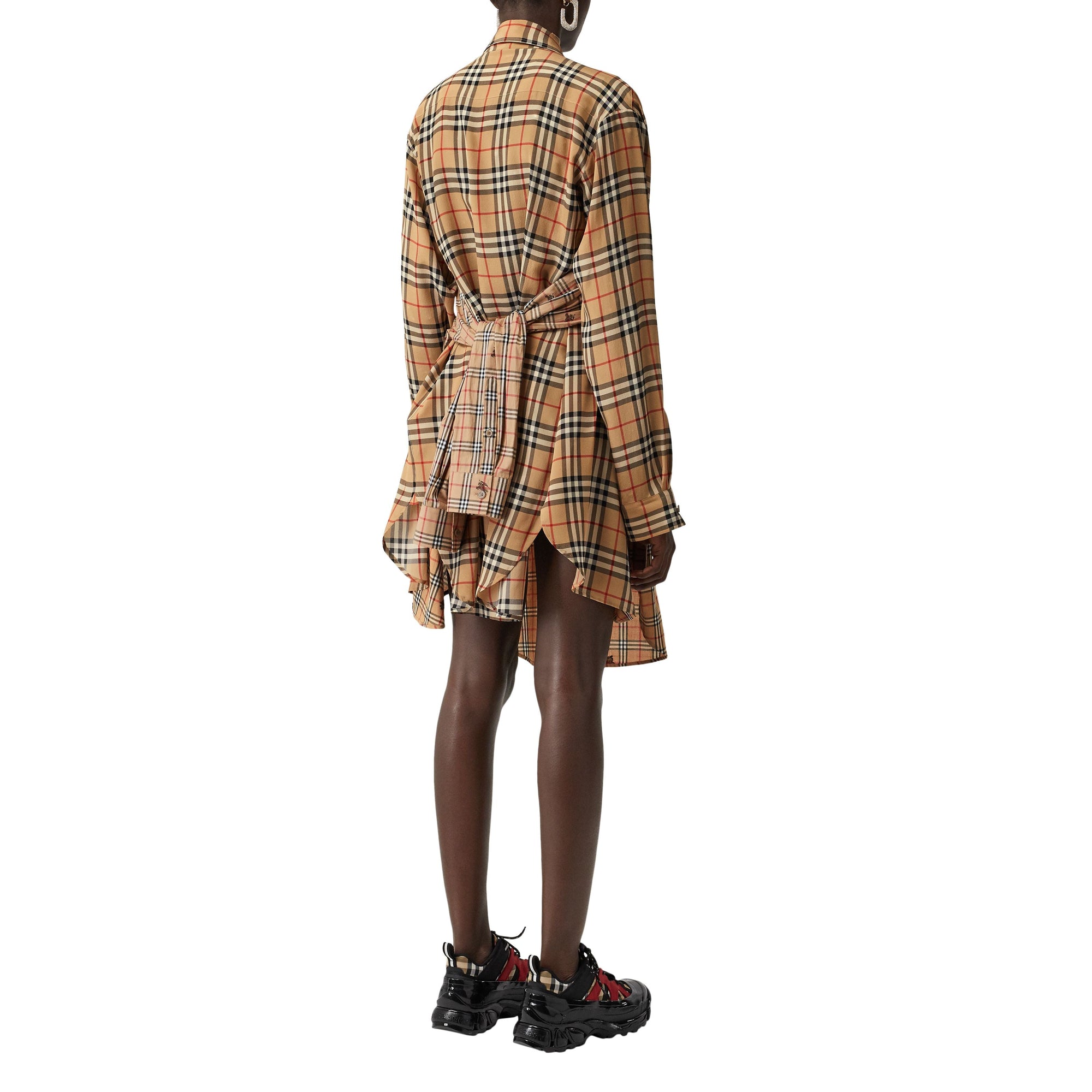 Robe chemise en soie et coton vintage check - Beige d'archive