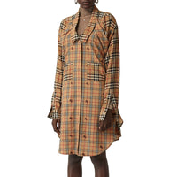 Robe chemise en soie et coton vintage check - Beige d'archive