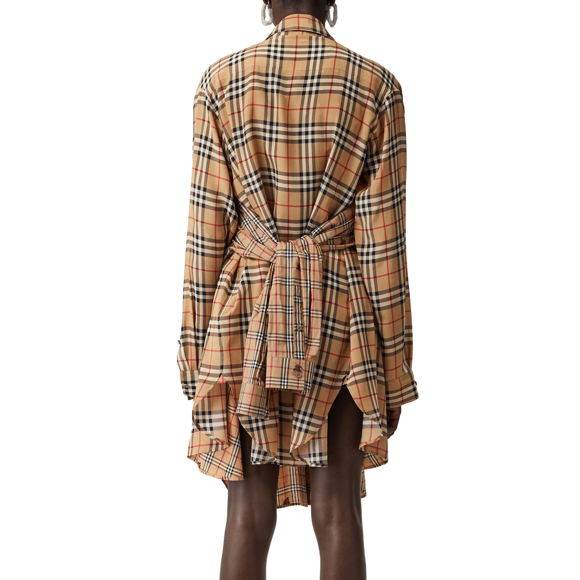 Robe chemise en soie et coton vintage check - Beige d'archive