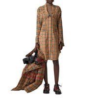 Robe chemise en soie et coton vintage check - Beige d'archive