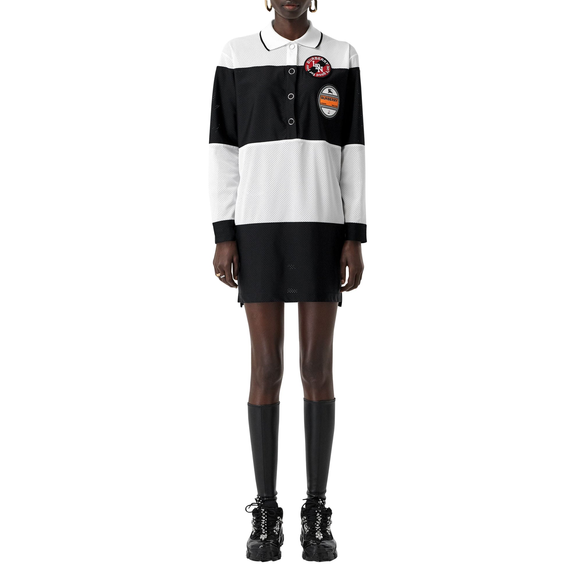 Robe polo en mesh rayée à logo - Noir
