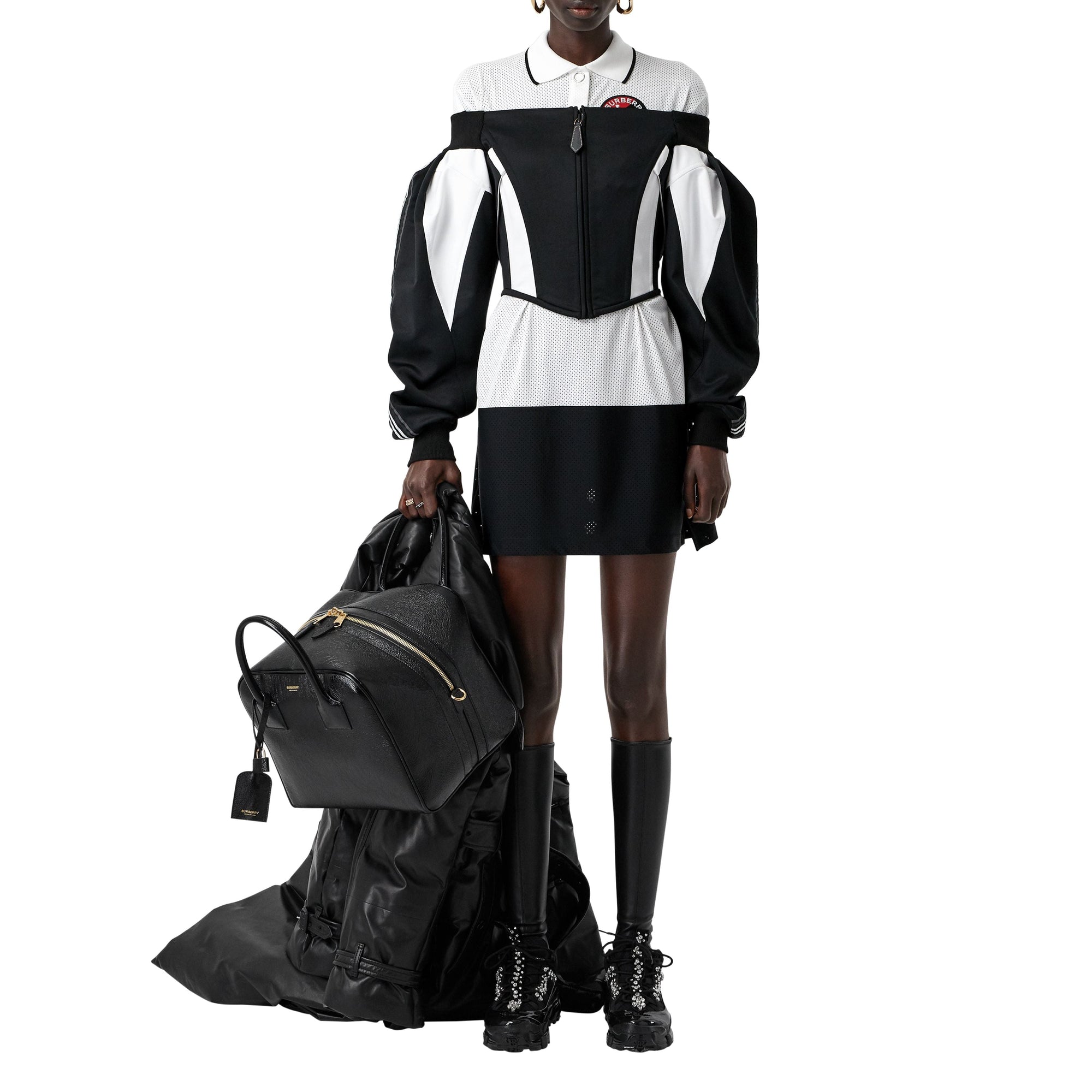 Robe polo en mesh rayée à logo - Noir