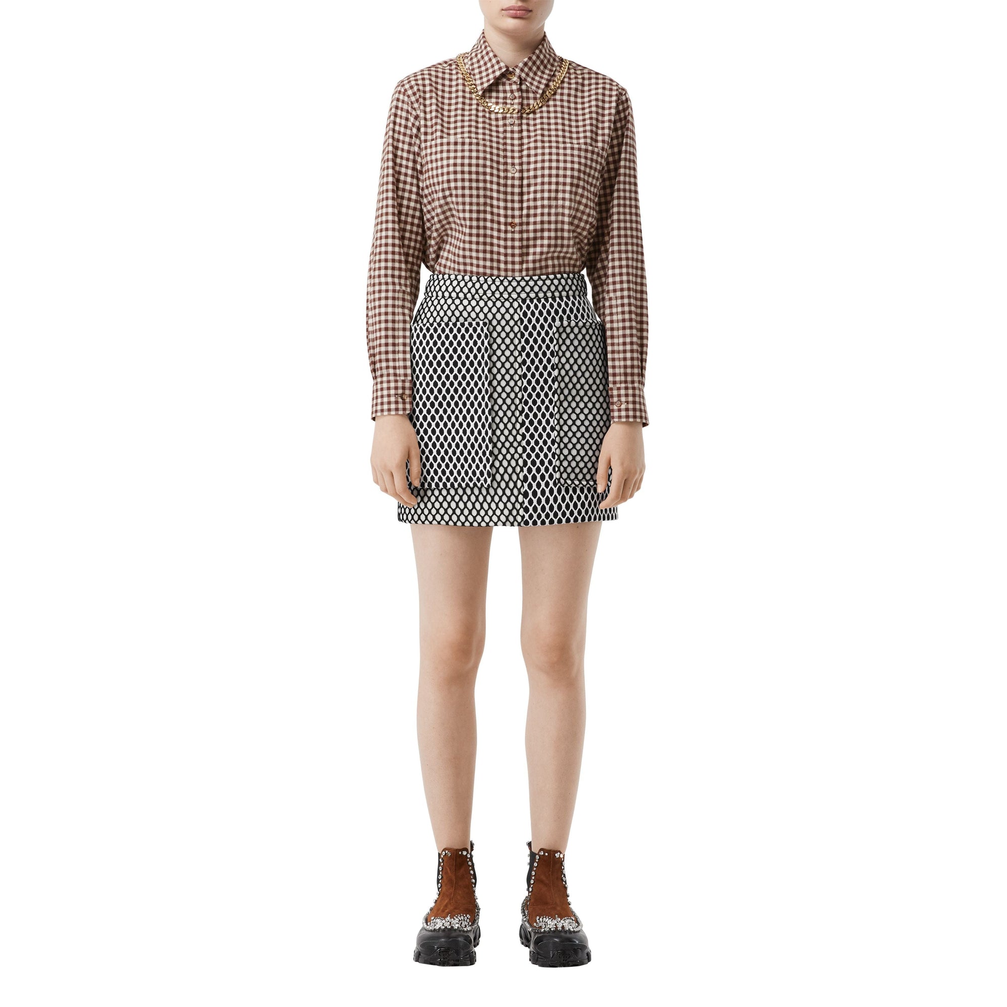 Chemise vichy oversize en flanelle de coton avec chaîne - Marron