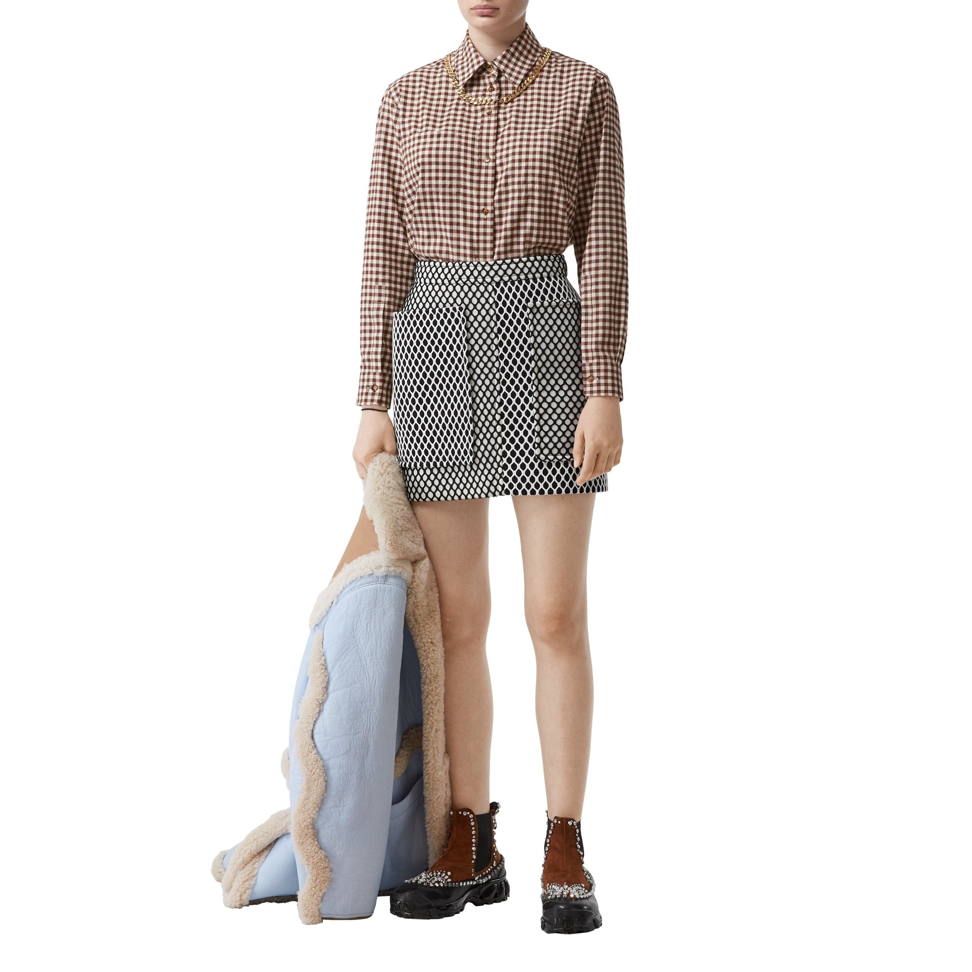 Chemise vichy oversize en flanelle de coton avec chaîne - Marron