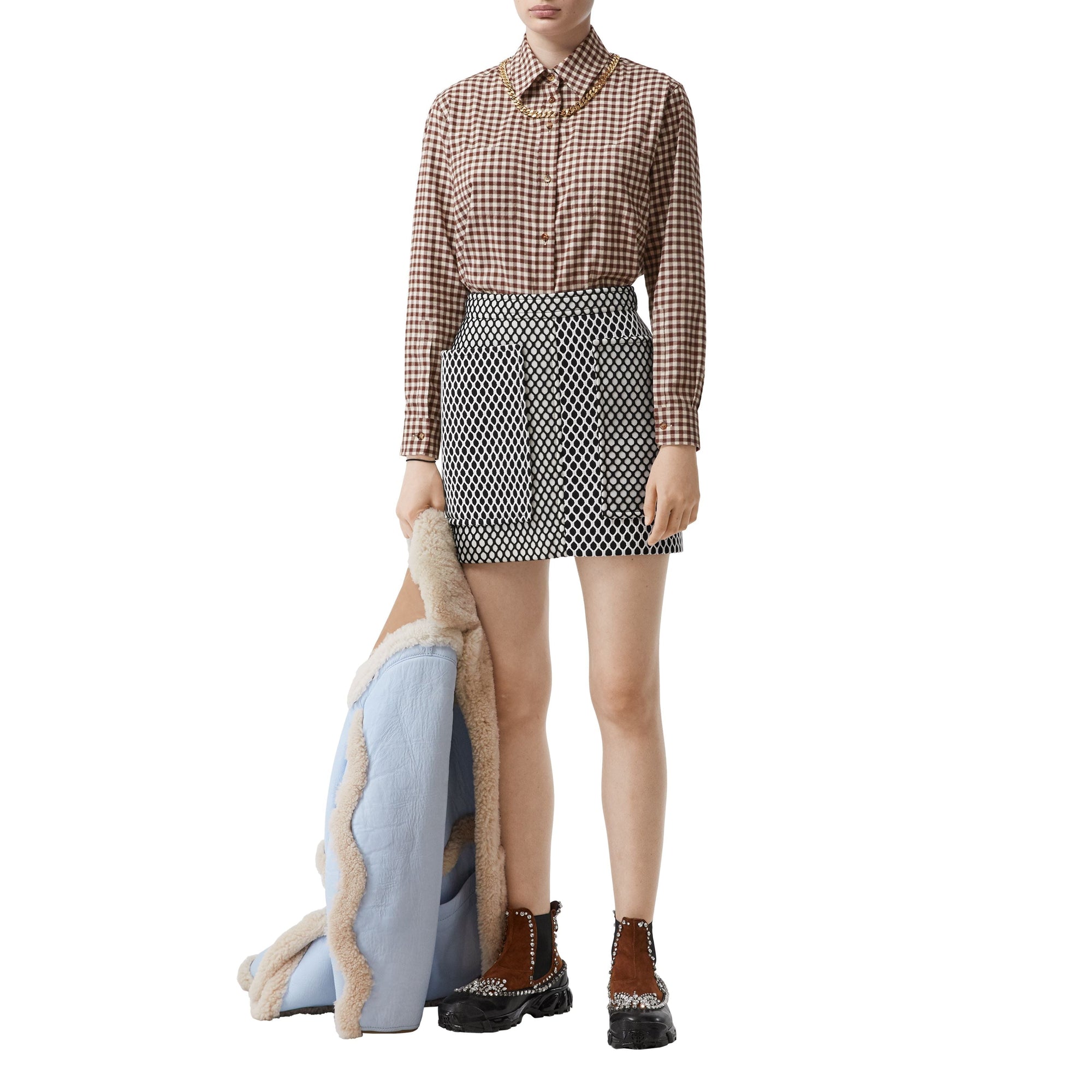 Chemise vichy oversize en flanelle de coton avec chaîne - Marron
