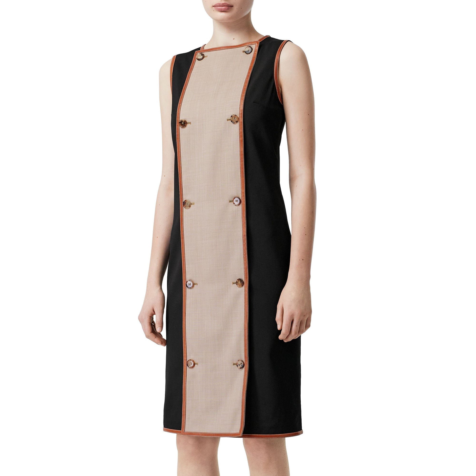 Robe droite en laine stretch avec panneau boutonné - Noir