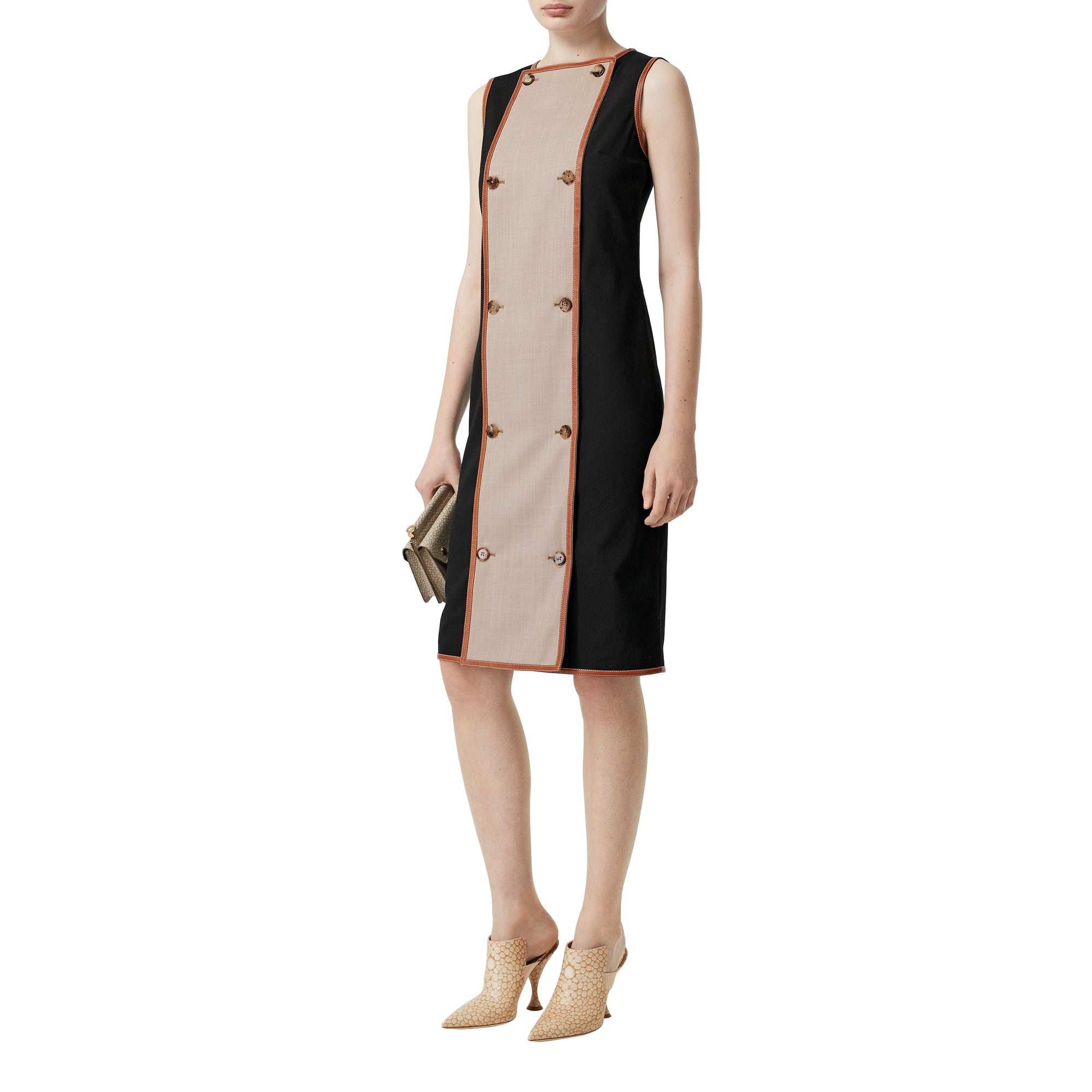 Robe droite en laine stretch avec panneau boutonné - Noir