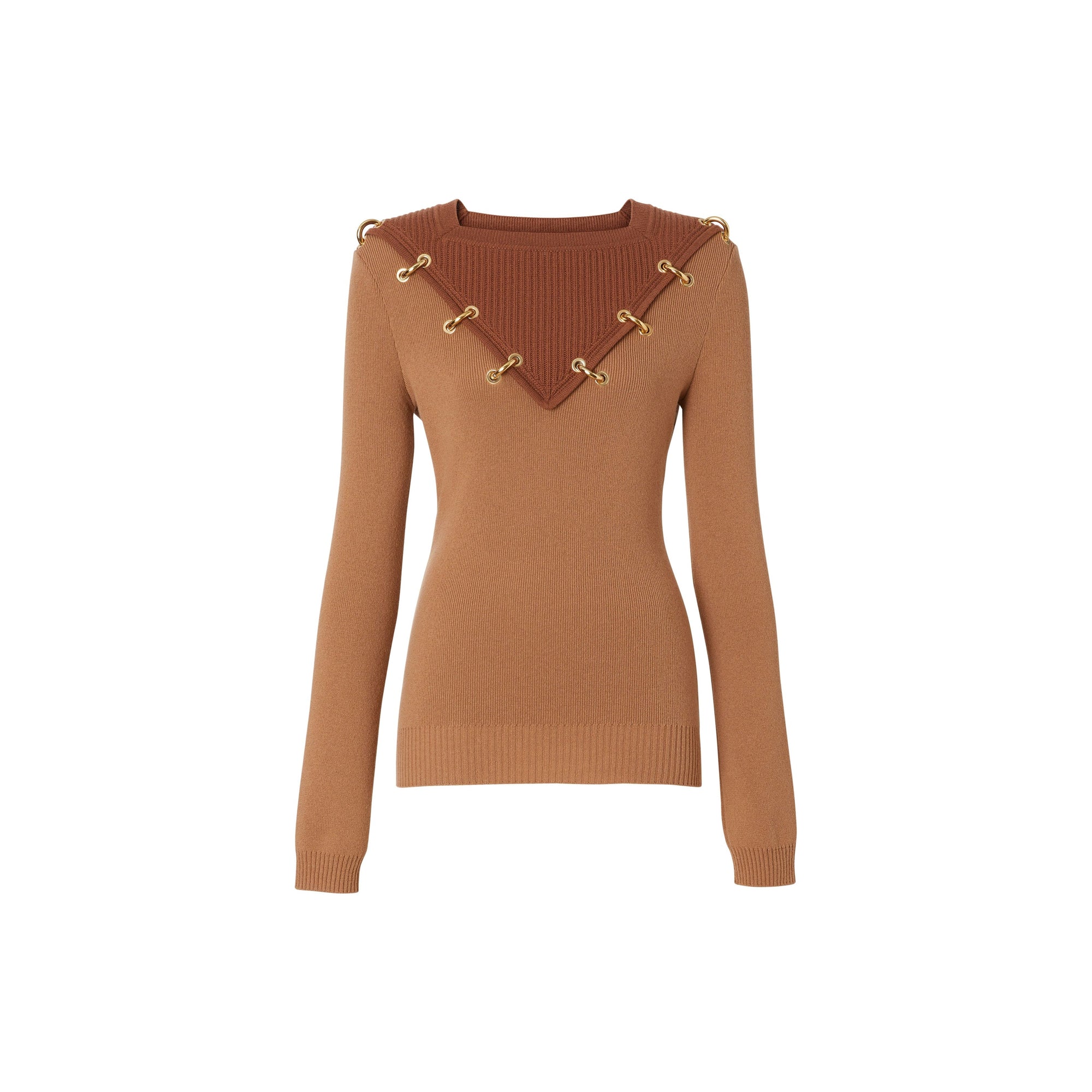 Pull en laine et cachemire bicolore avec anneaux - Camel intense
