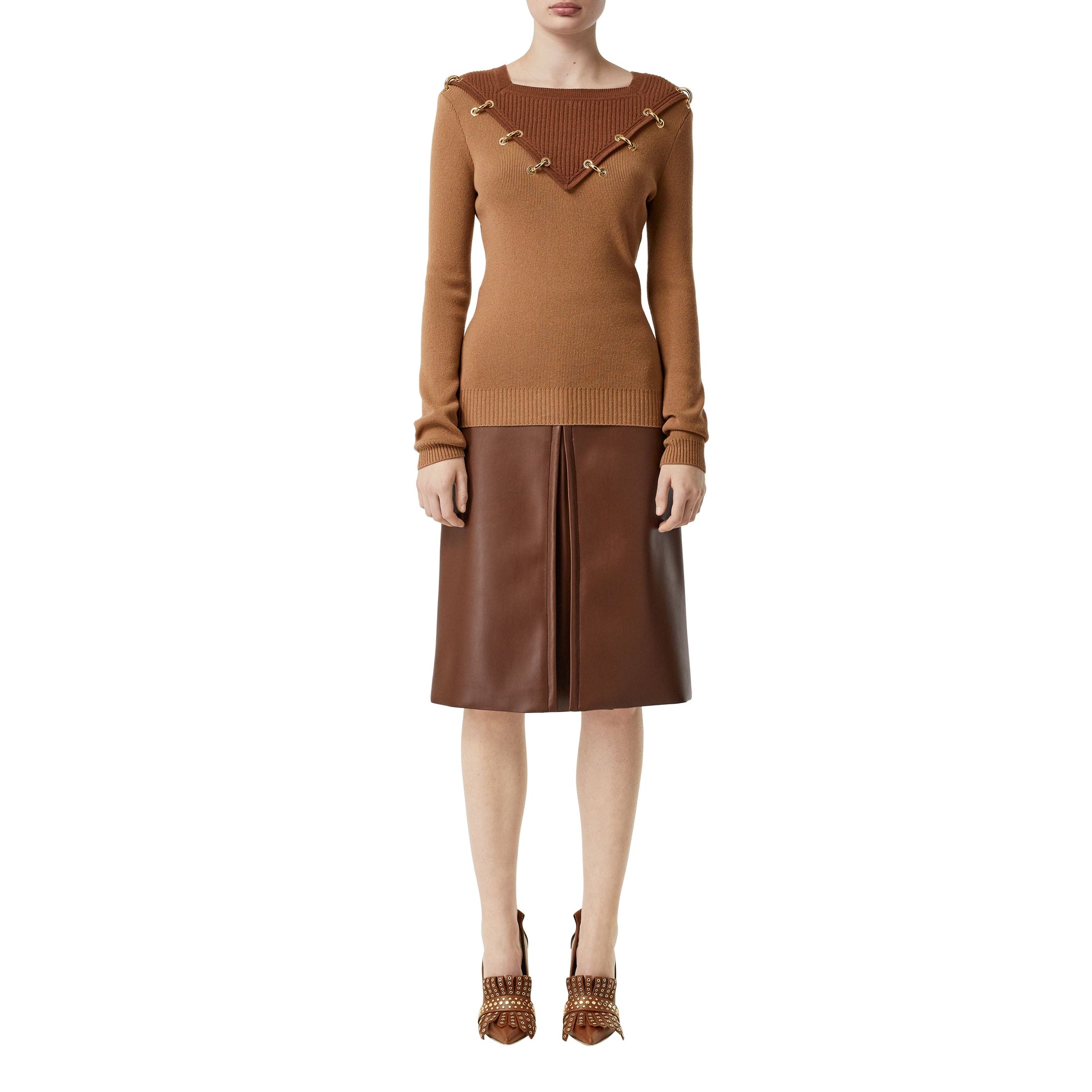 Pull en laine et cachemire bicolore avec anneaux - Camel intense