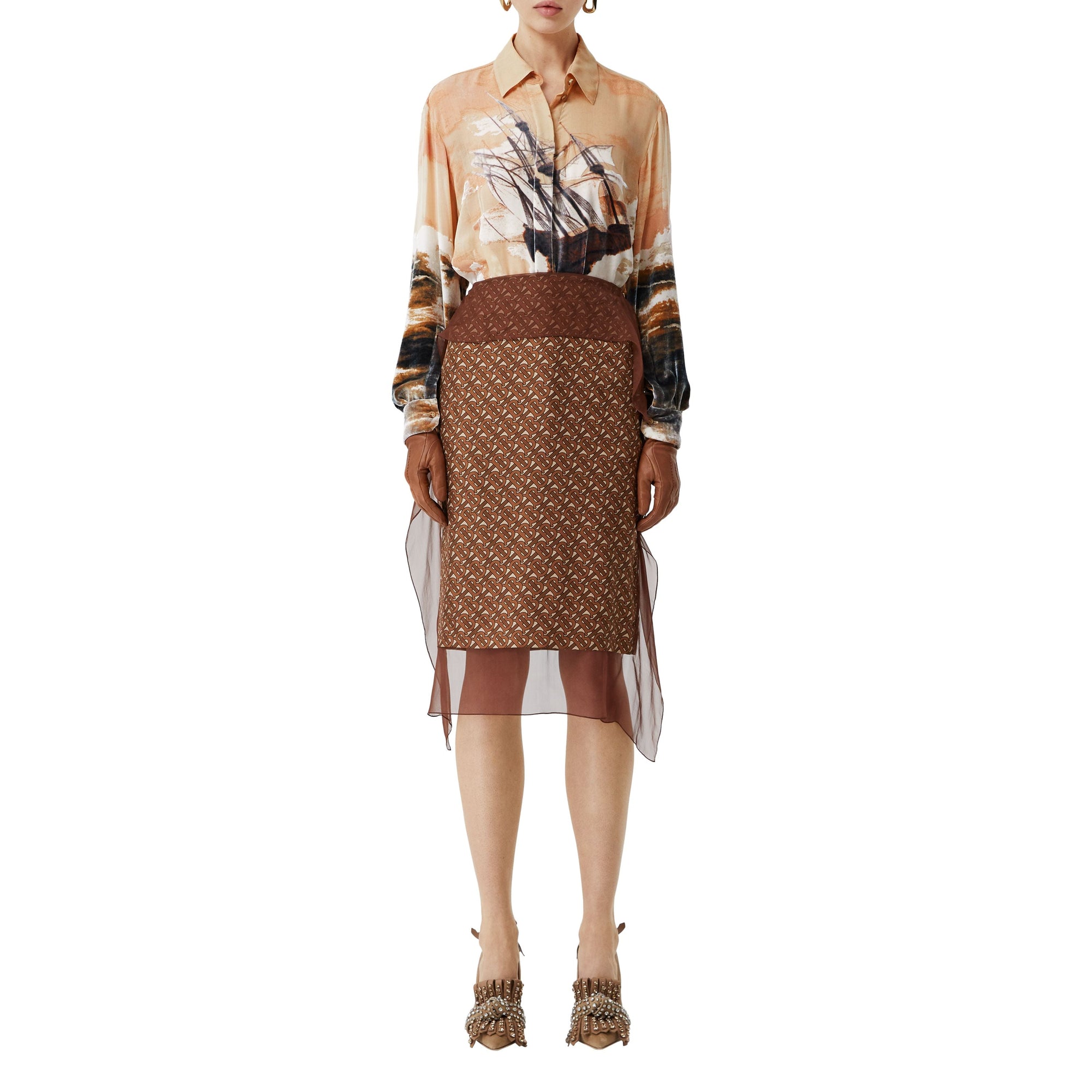 Chemise oversize en soie mélangée avec imprimé navire - Bronze
