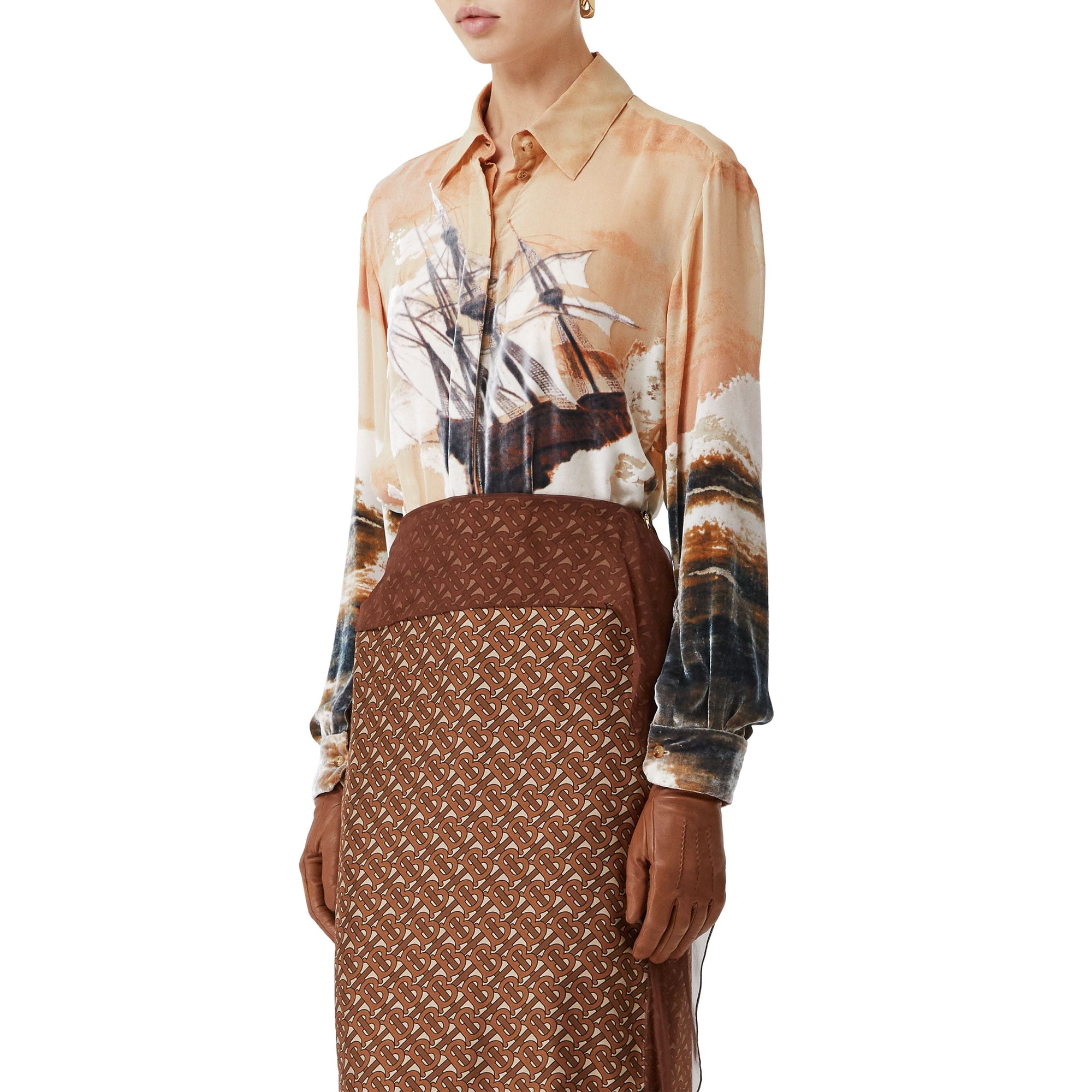 Chemise oversize en soie mélangée avec imprimé navire - Bronze