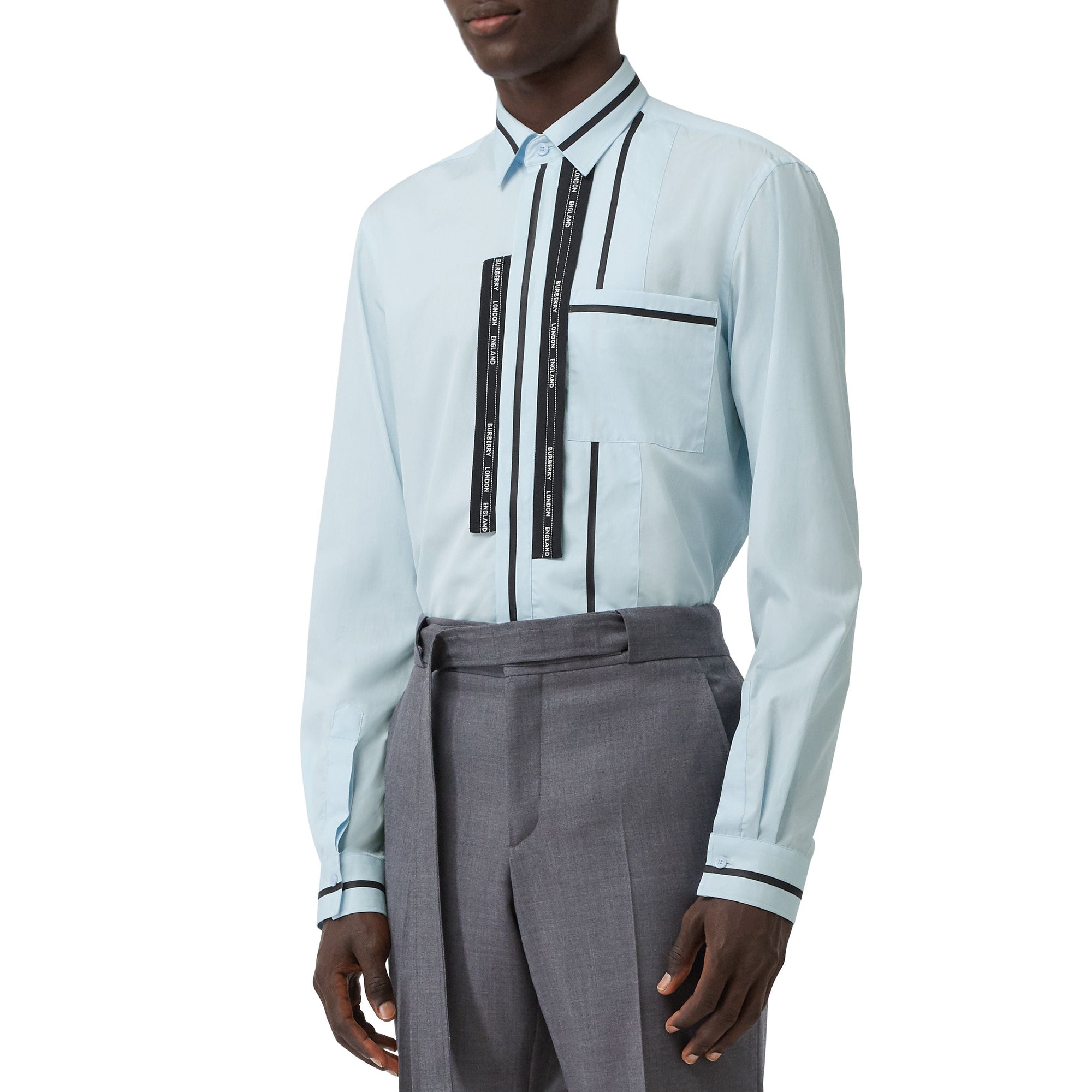 Chemise classique en popeline de coton avec bandes à logo - Bleu pâle
