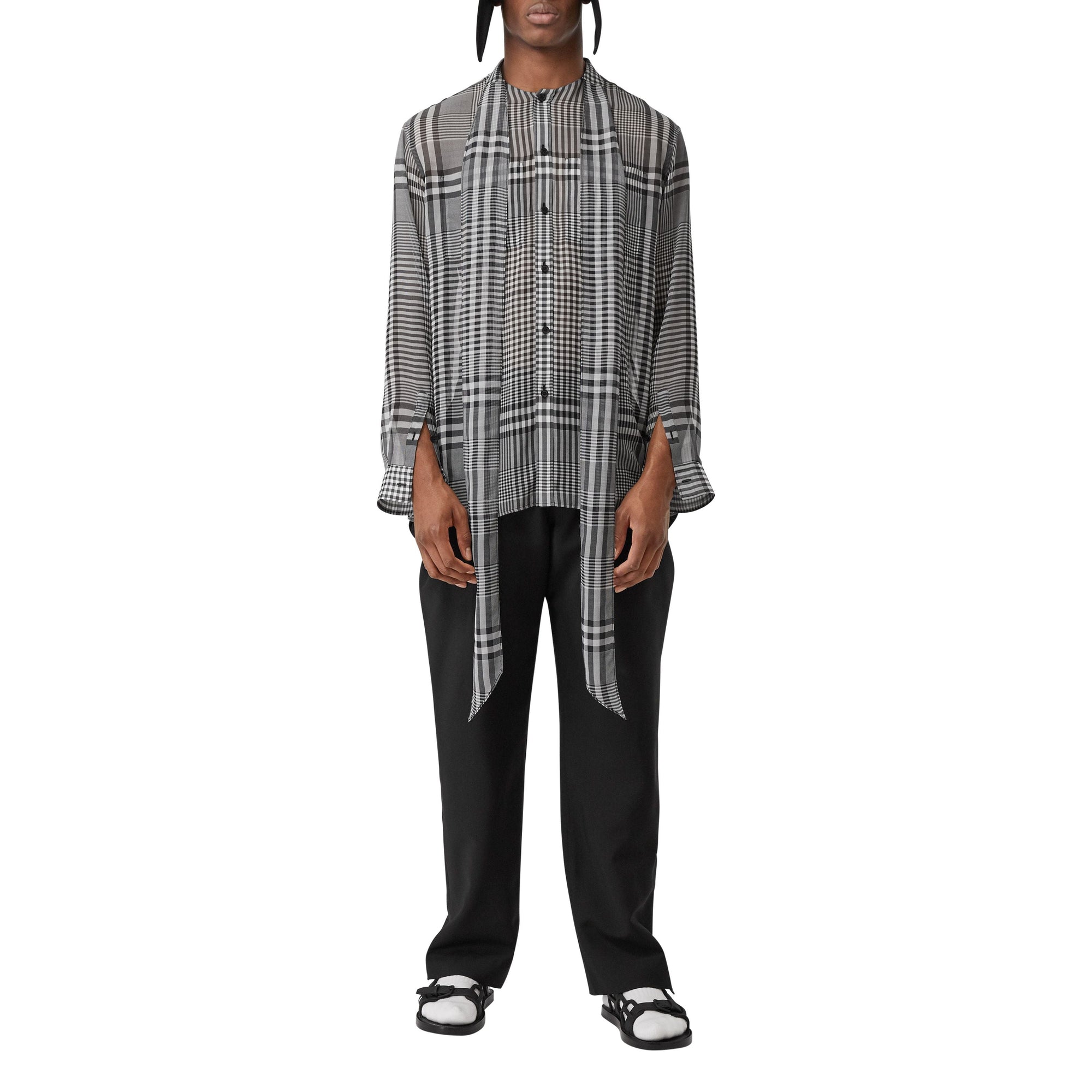 Chemise oversize à col lavallière en georgette de soie check - Noir