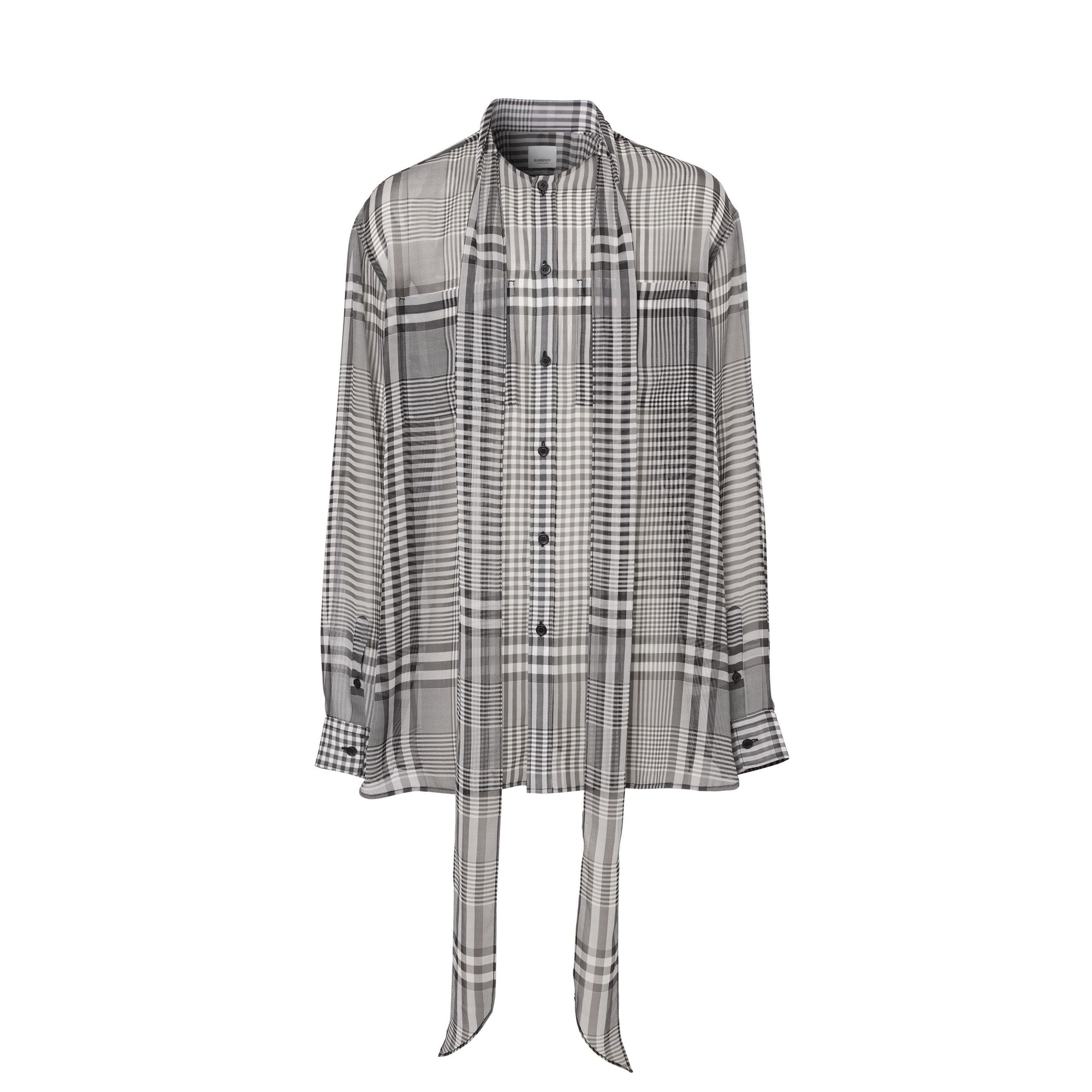 Chemise oversize à col lavallière en georgette de soie check - Noir