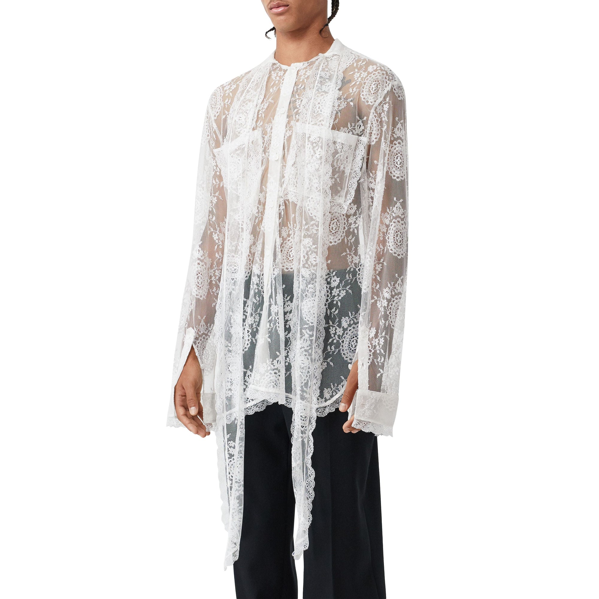 OPTIC WHITE Chemise oversize à col lavallière avec dentelle de Chantilly