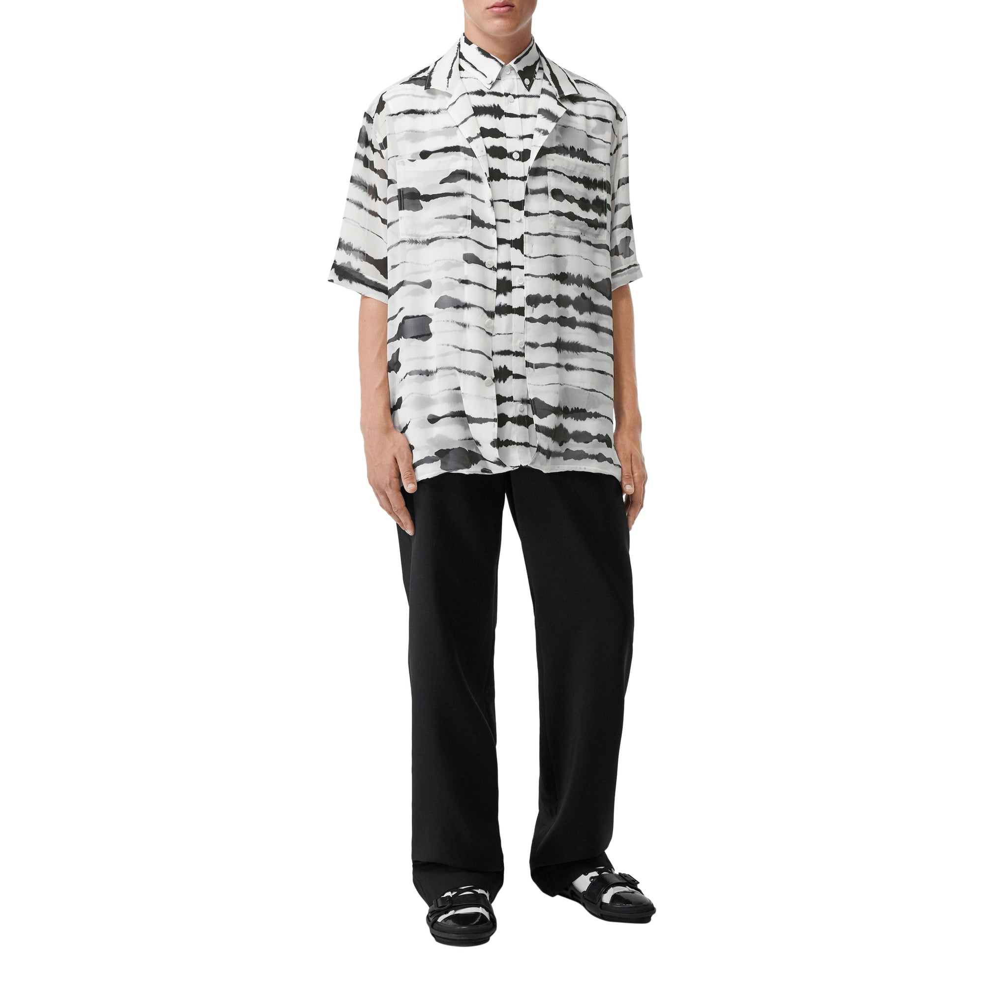 Chemise en sergé à imprimé aquarelle et manches courtes avec soie - Monochrome