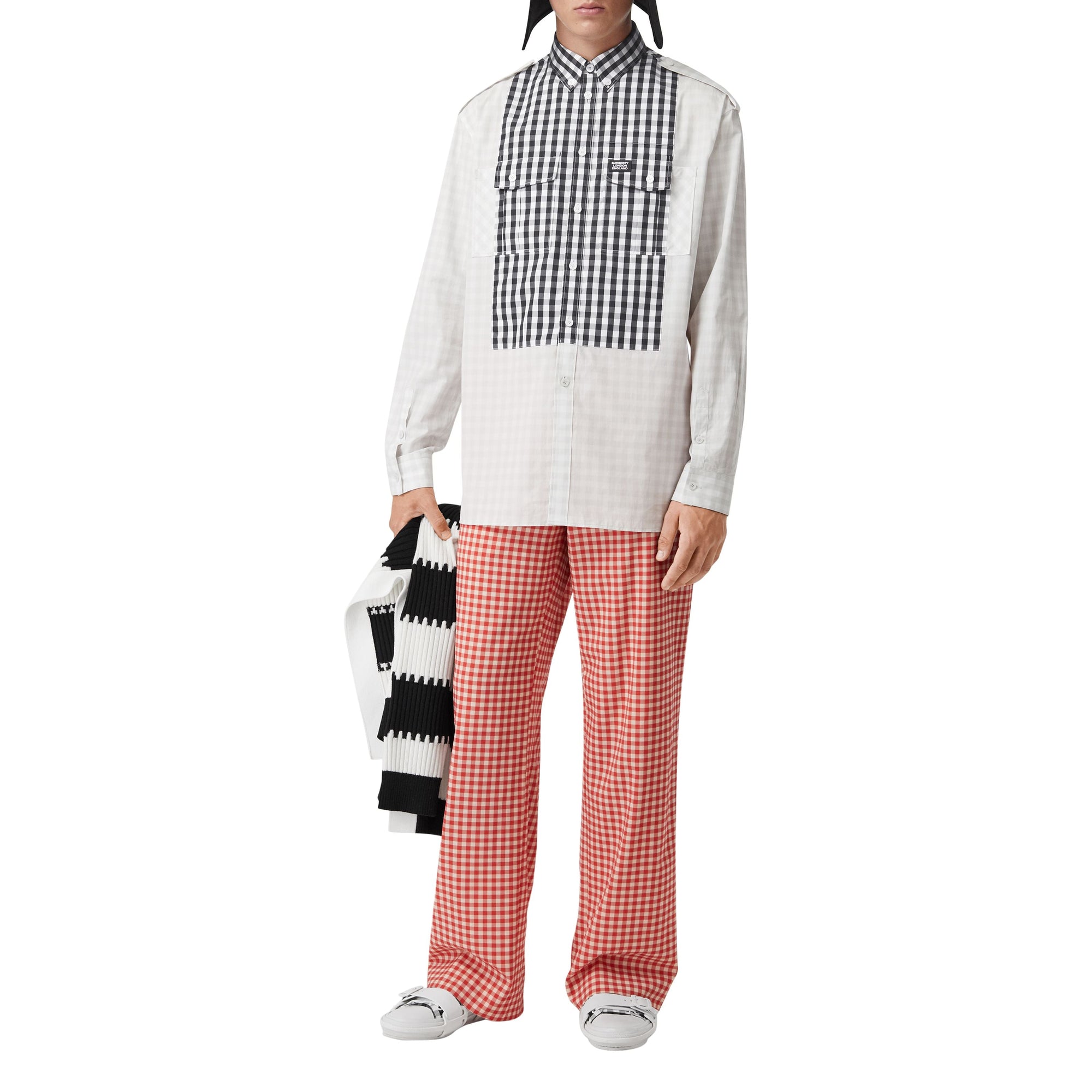 Chemise oversize en popeline de coton vichy - Gris galet clair