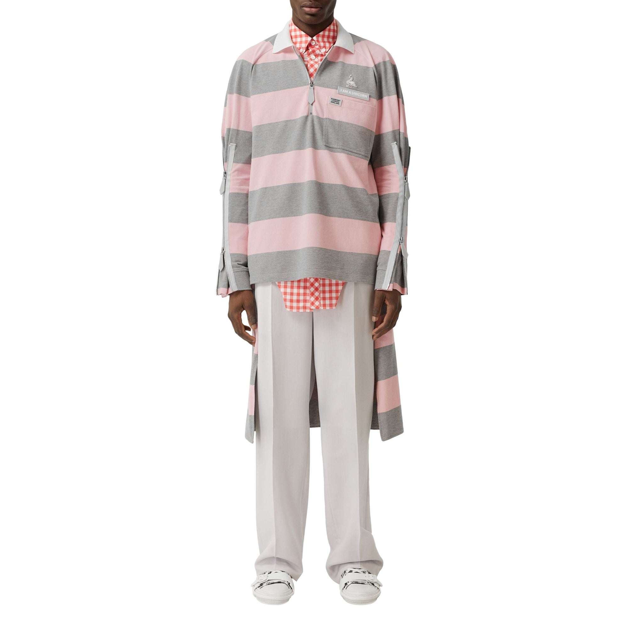 Polo à manches longues en coton rayé avec zip - Rose pâle