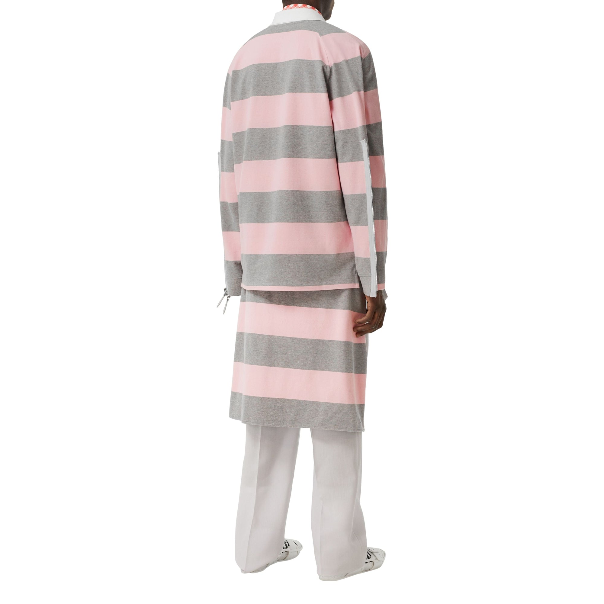 Polo à manches longues en coton rayé avec zip - Rose pâle