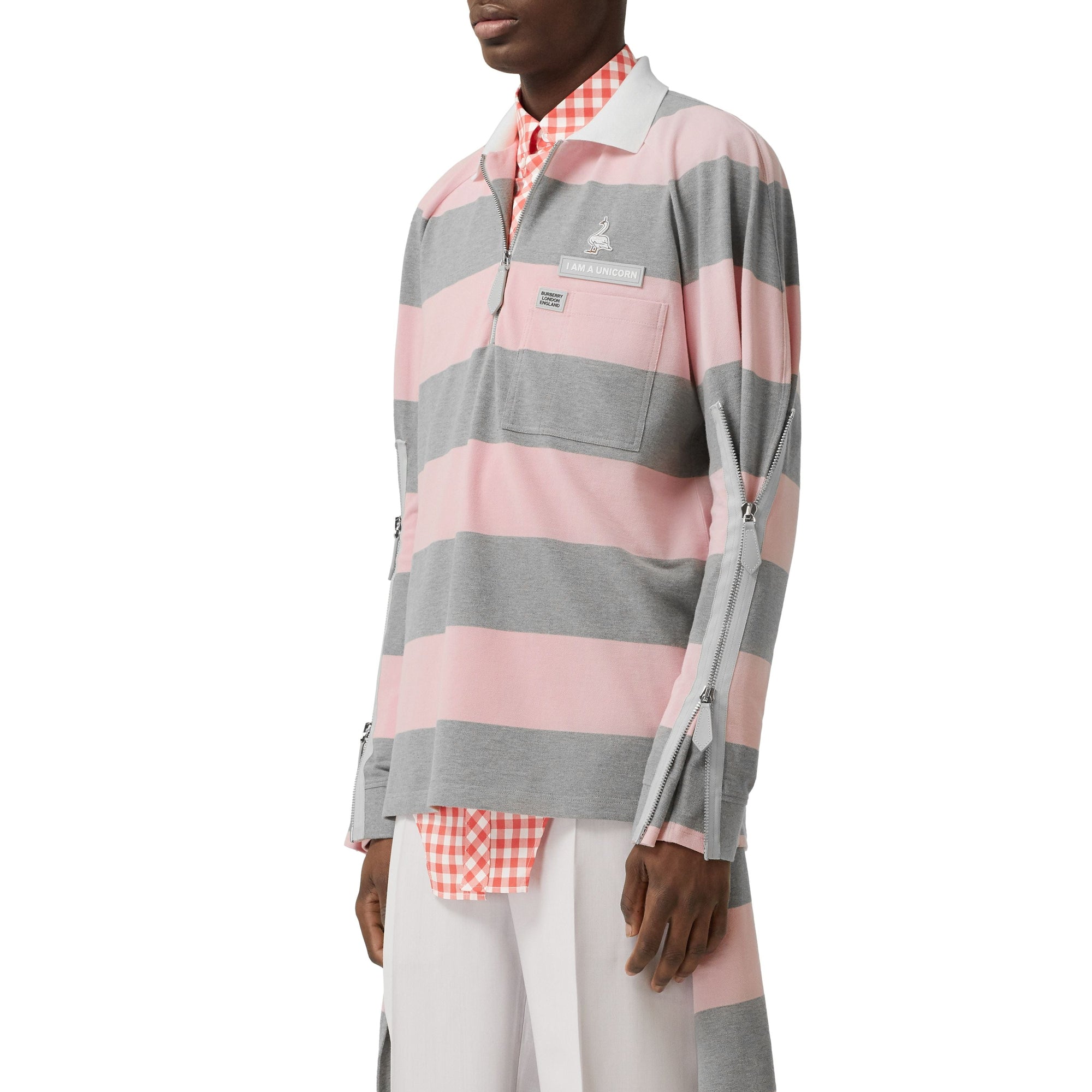 Polo à manches longues en coton rayé avec zip - Rose pâle