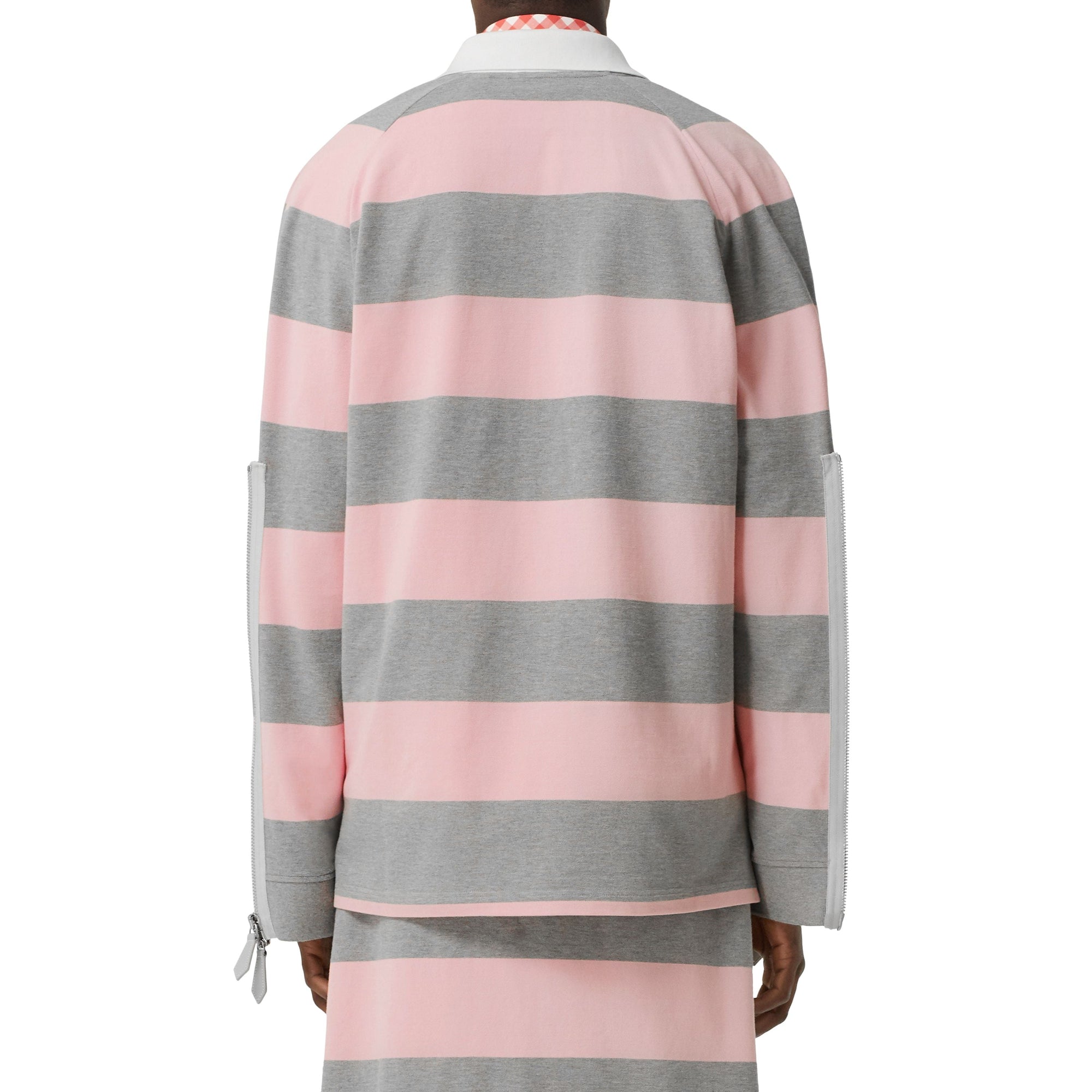 Polo à manches longues en coton rayé avec zip - Rose pâle