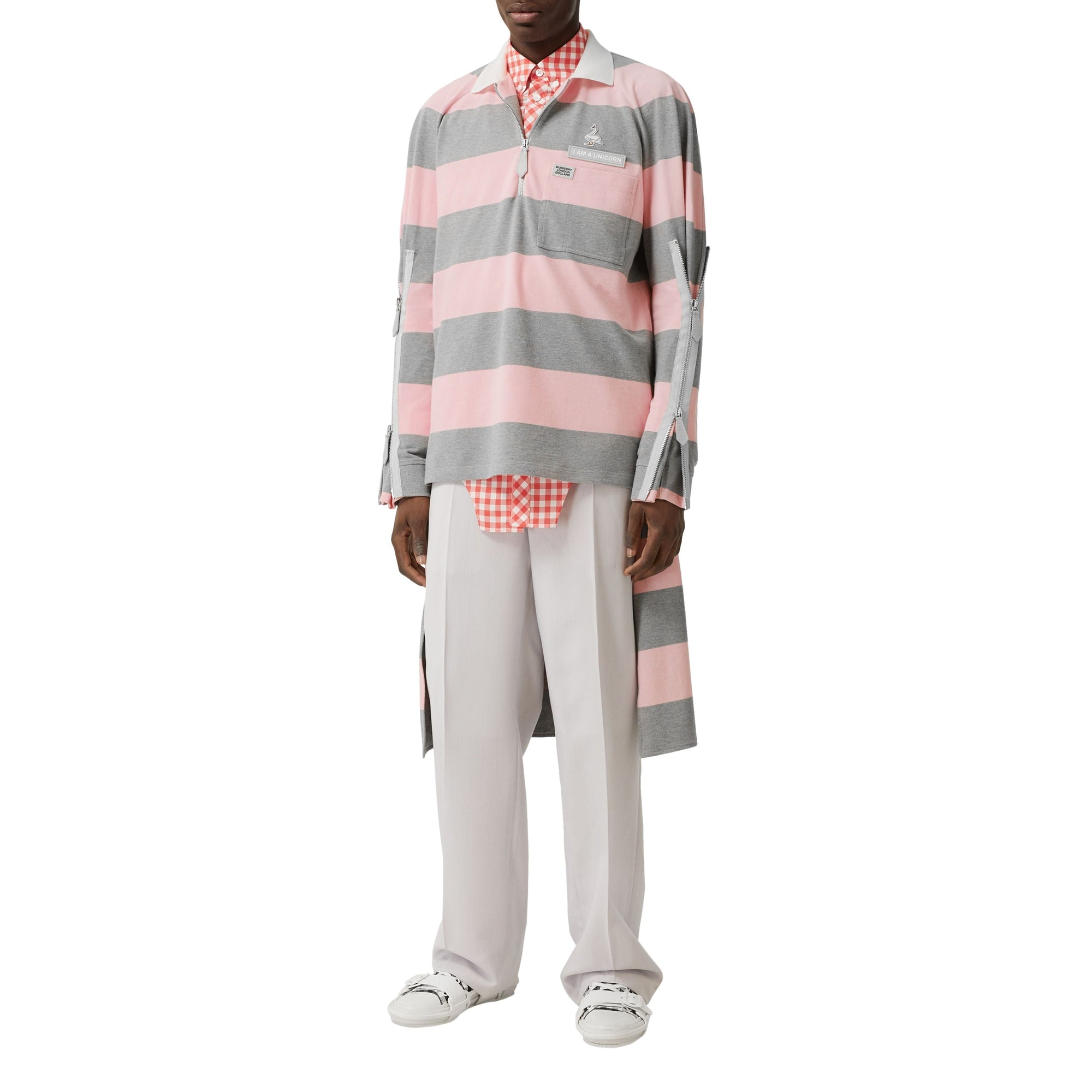 Polo à manches longues en coton rayé avec zip - Rose pâle
