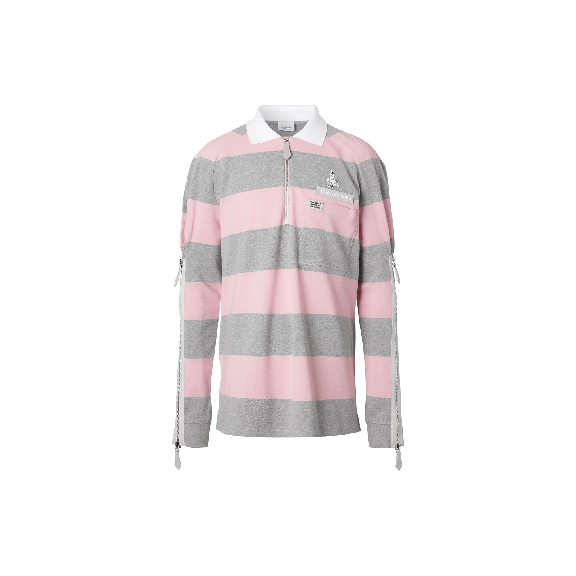 Polo à manches longues en coton rayé avec zip - Rose pâle