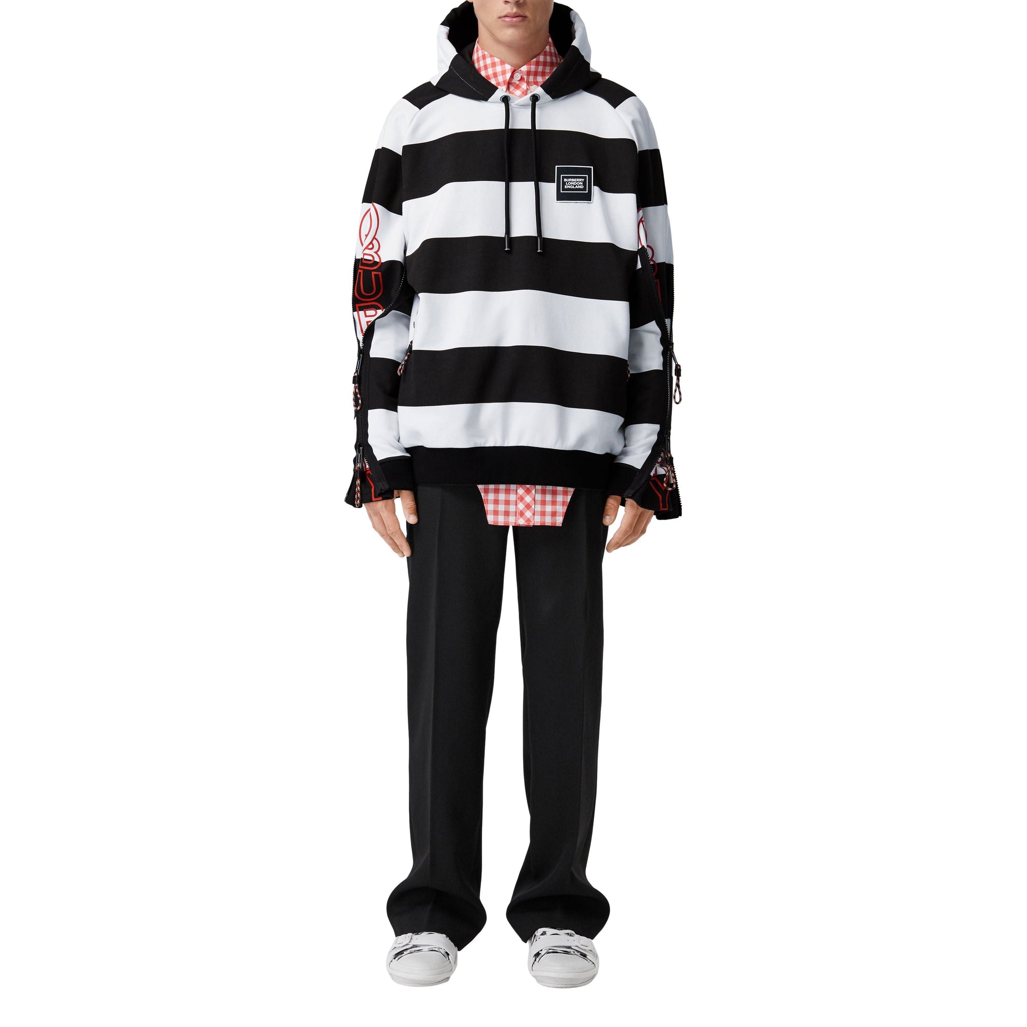 Hoodie rayé en coton avec logo et zips - Noir & blanc